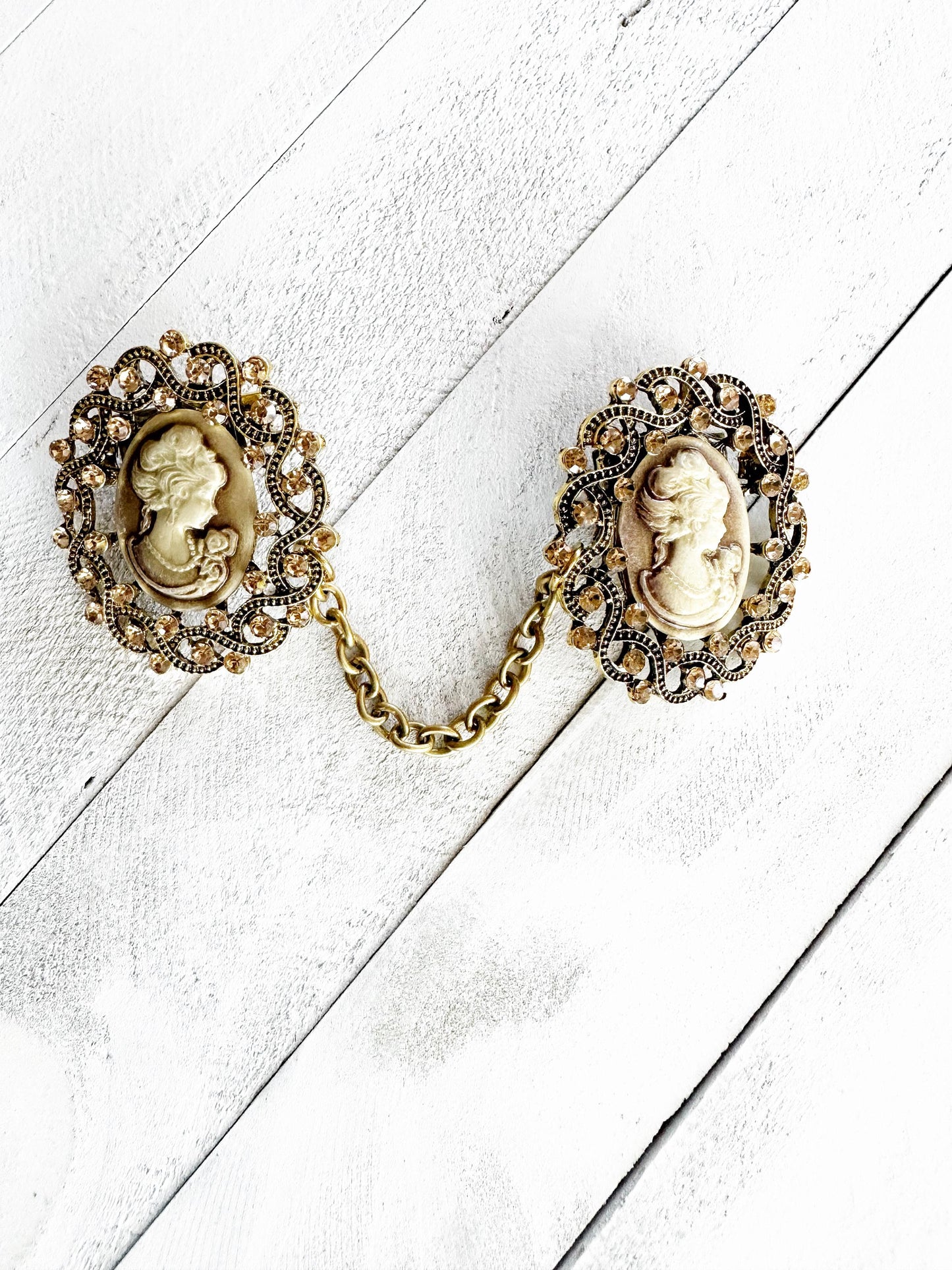 Gold-toned Cameo Cloak Clasp, Costume Cameo Brooch w/ Rhinestones | Victorian Fairytale Closure, Gothic Edwardian Adult Costume Accessories