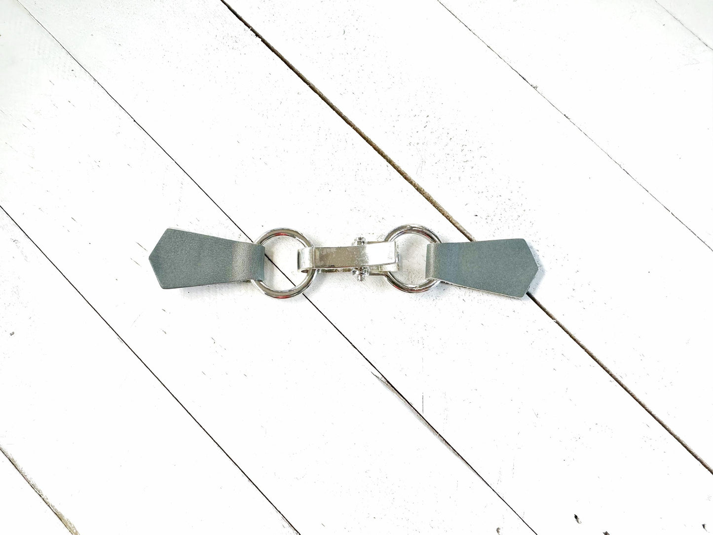 NEW Silver Buckle & Gray Leather Cinch Clip, Skinny Belt Alternative for Dress, Jacket, Cardigan, Mini-Tailor Button Closure, KardiKlips