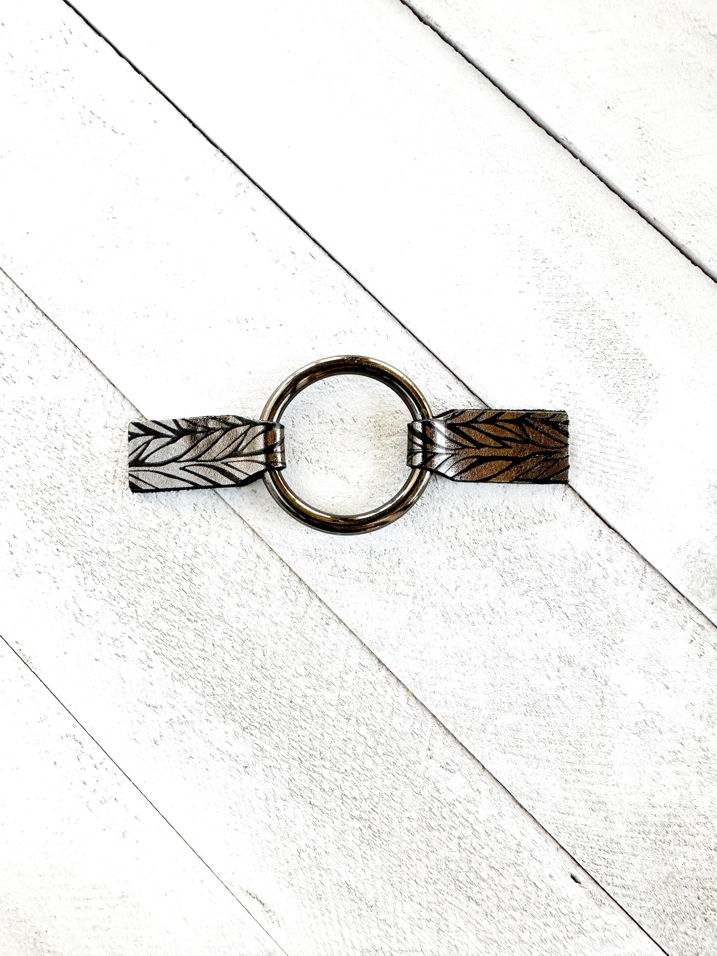 Dress Cinch Clip | Black Ring & Silver Patterned Leather Sweater Clip | Unique Clothing Clasps Shawl Clip | Steampunk Minimalist Capsule