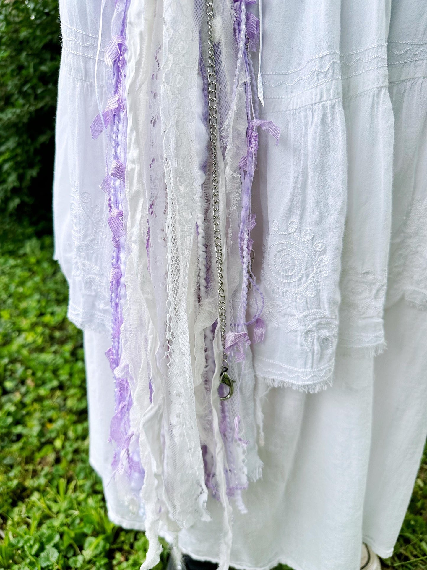 Chatelaine Belt Sash | Purple & White, Silver OOAK Accessory with Hooks, Clips, Clasps | Reclaimed Materials, Silk, Linen, Fiber Art