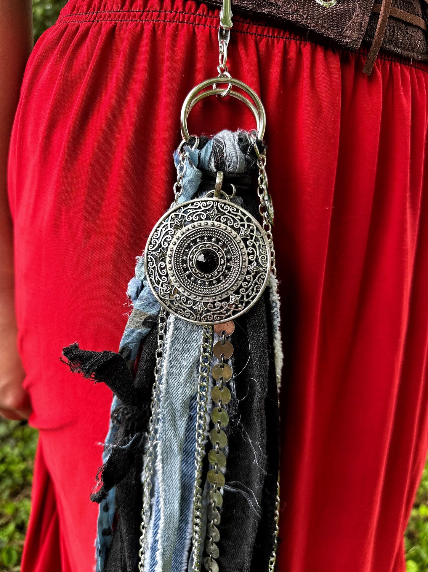 Chatelaine Belt Sash | Denim Blue & Black OOAK Steampunk Style Accessory with Hooks, Clips, Medallion | Reclaimed Materials, Silk, Fiber Art