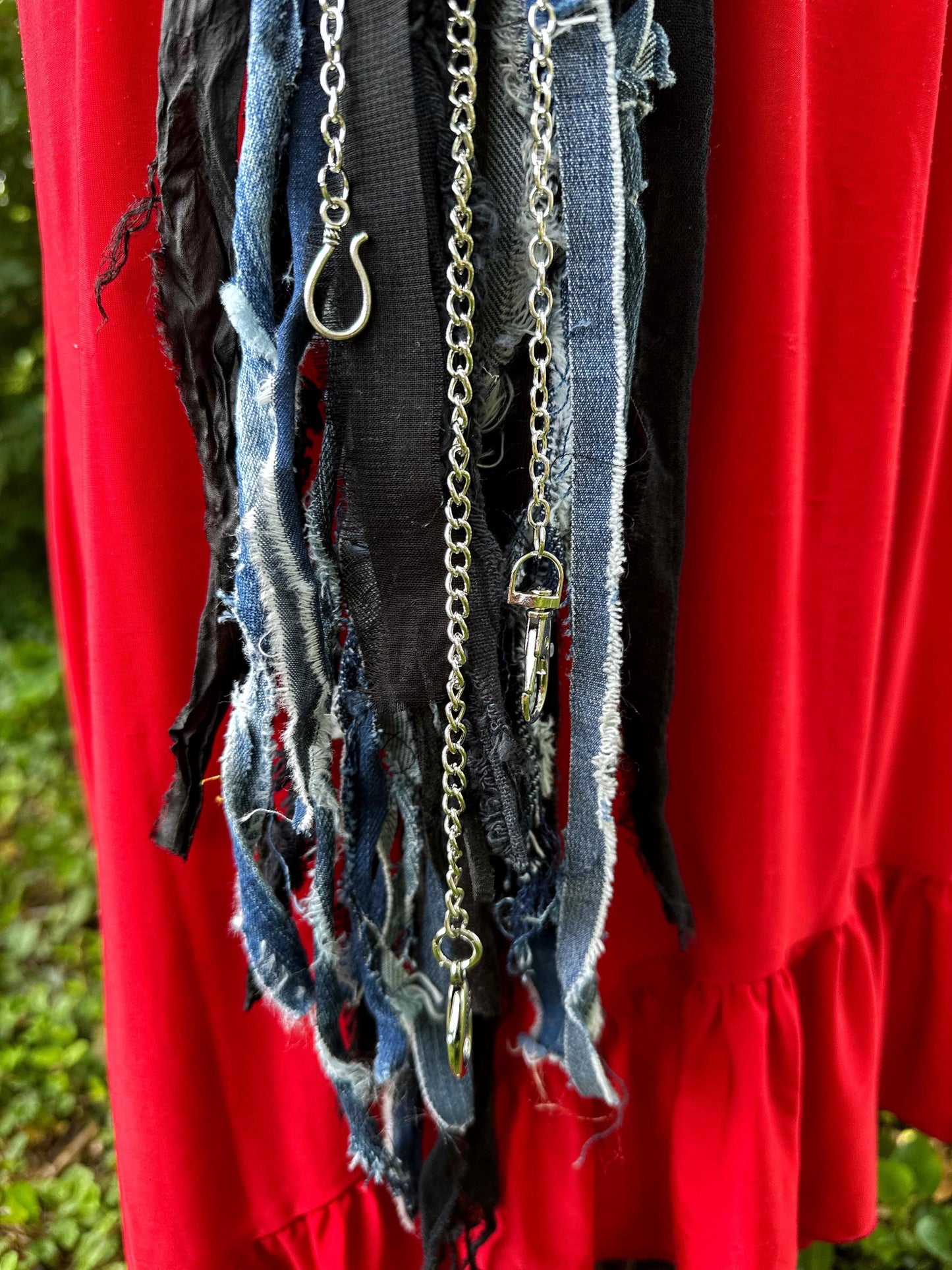 Chatelaine Belt Sash | Denim Blue & Black OOAK Steampunk Style Accessory with Hooks, Clips, | Reclaimed Materials, Silk, Fiber Art