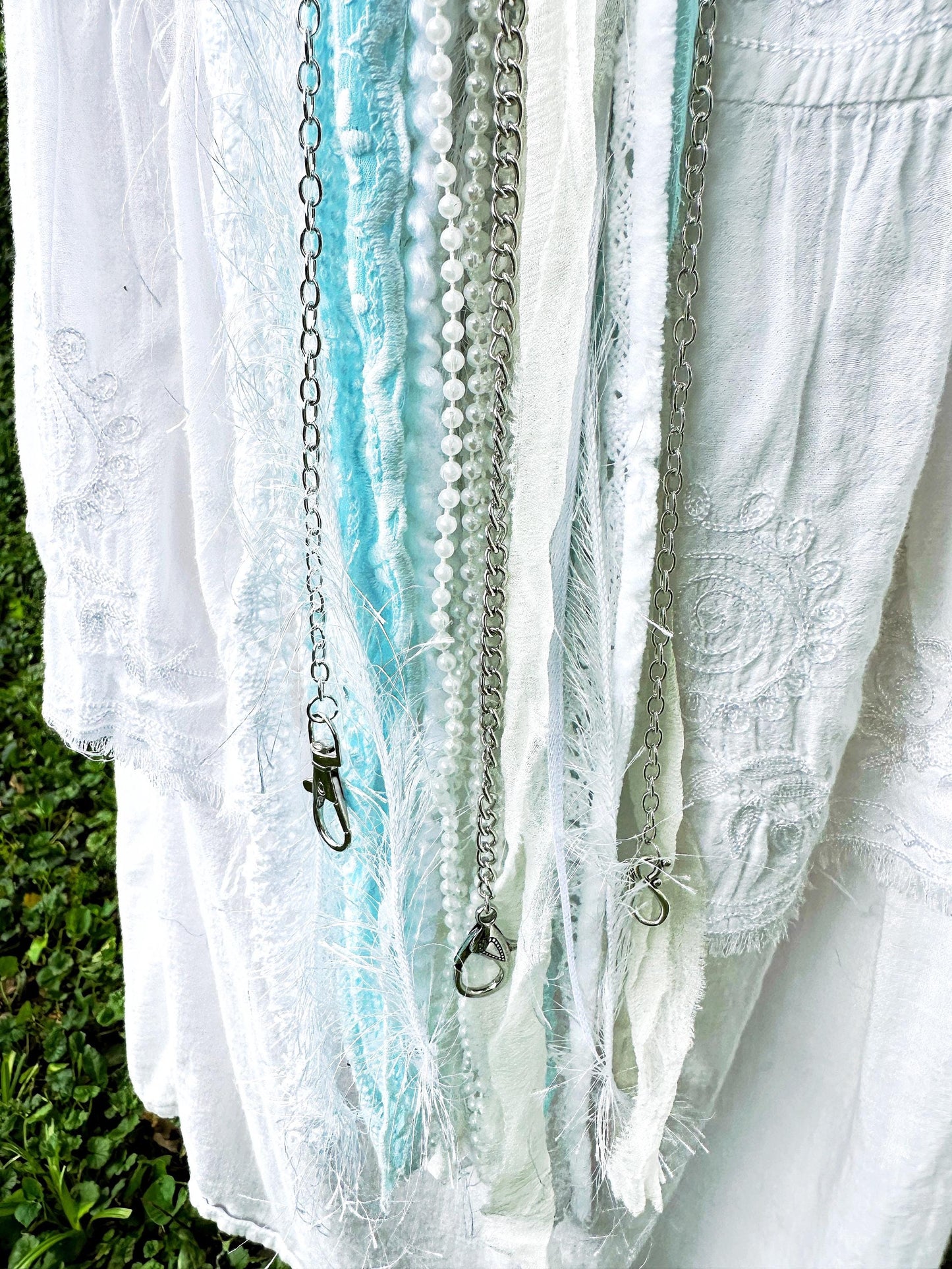 Chatelaine Belt Sash | Blue & White Silver Lace OOAK Accessory with Hooks, Clips, Clasps | Reclaimed Materials, Silk, Linen, Fiber Art