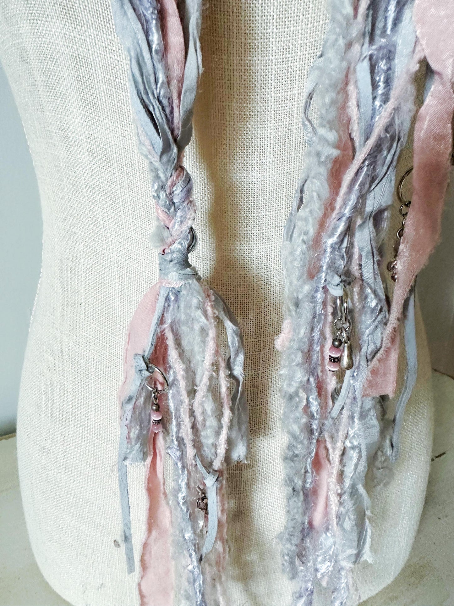 NEW Gray Silk & Icy Pink Boho Scarf | Hippie Clothes | Textile Necklace | Unique Scarves for Men, Women | Long Textured Skinny Scarf