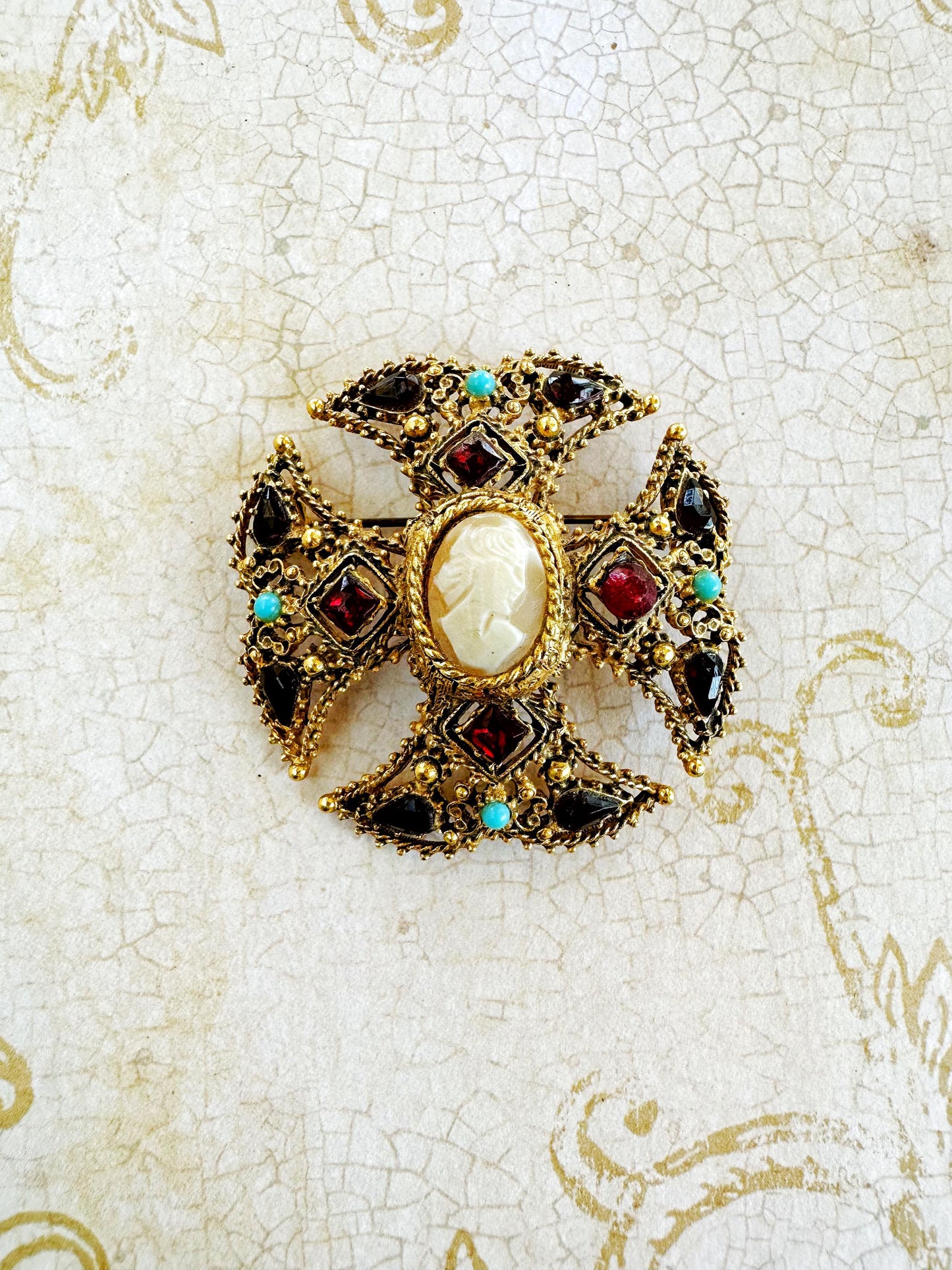 Bejeweled Maltese Cross & Cameo Cloak Clasp Brooch Pin | Vintage Repurposed