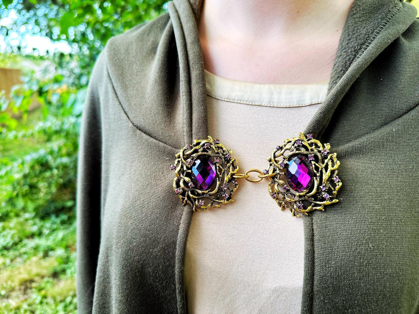 Amethyst and Gold Cloak Clasp, Costume Brooch | Forest Fairytale Brooches, Woodland Elf Nymph | Adult Costume Accessories Closure