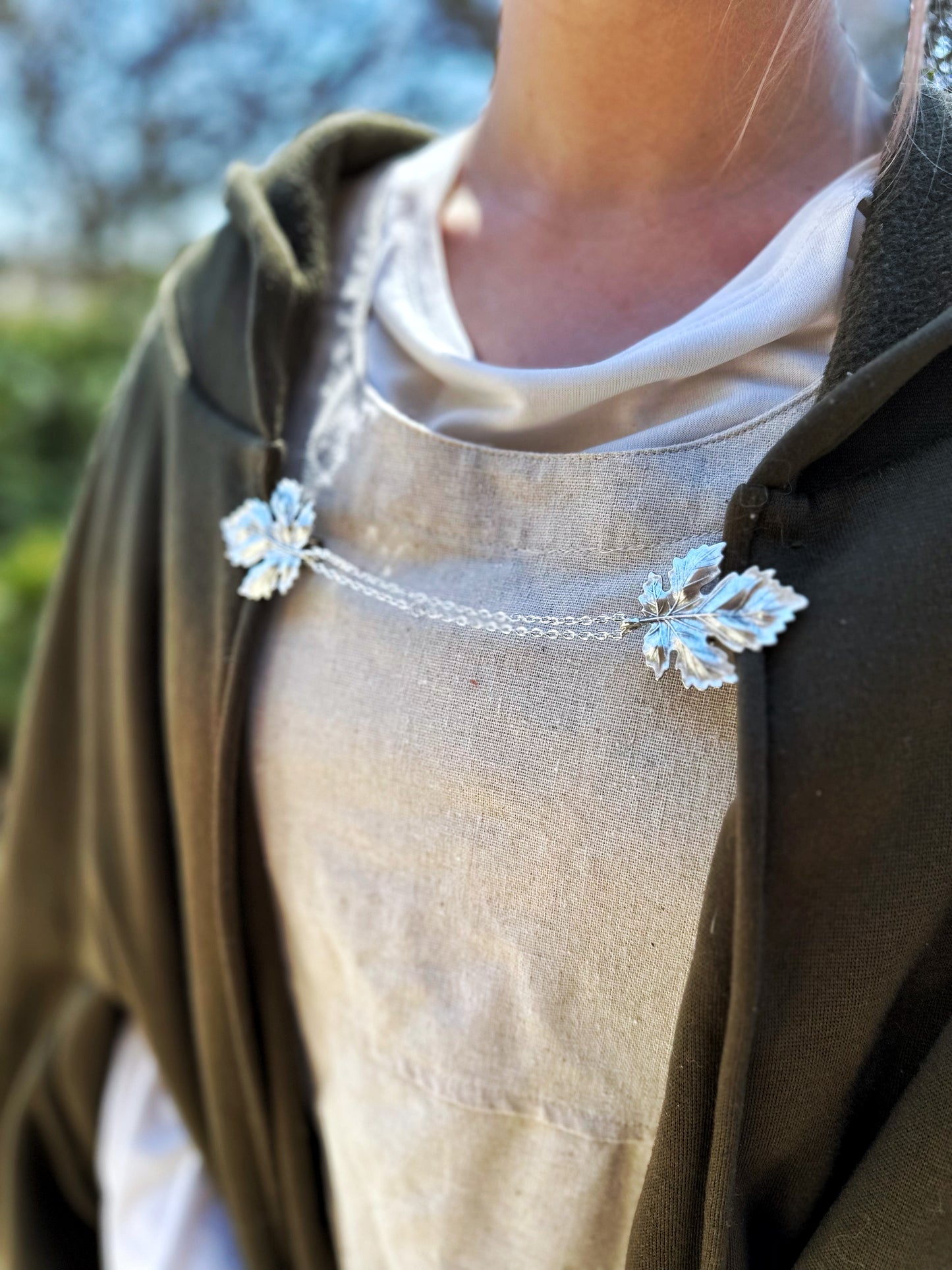 "Sylvan" Silver Maple Leaf Cloak Clasp w/ Chains
