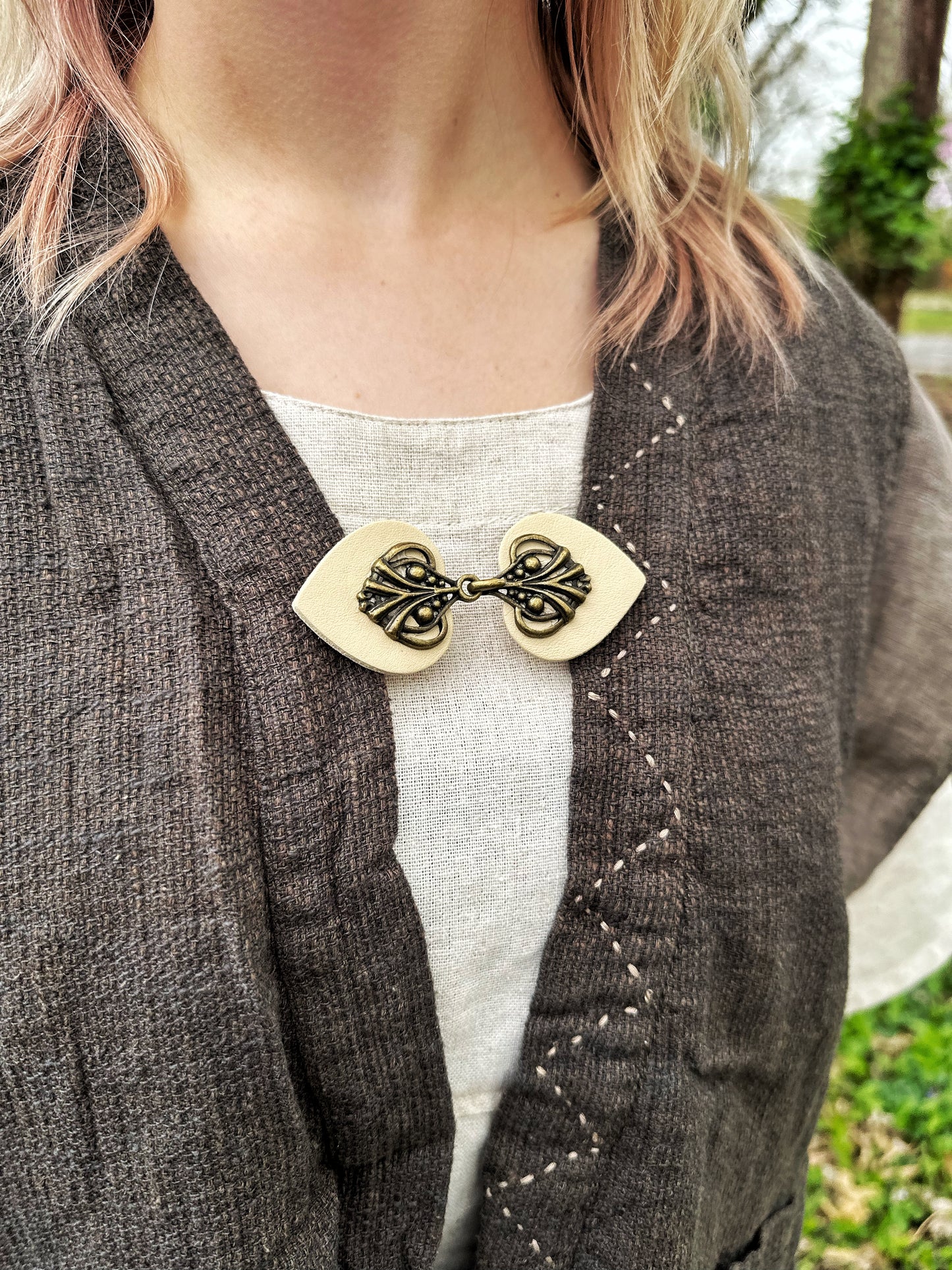 "Myriad" Bronze on Beige Leather Clothing Clip