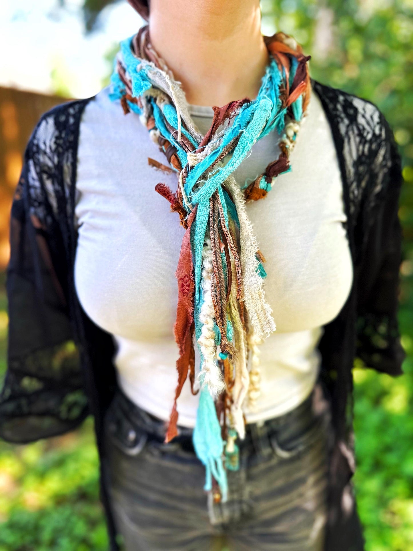Turquoise Silk & Linen Textile Necklace | Hippie Clothes | "Beach Boho" Multi-Strand Skinny Scarf for Men, Women | Sea Glass Seashell Charm