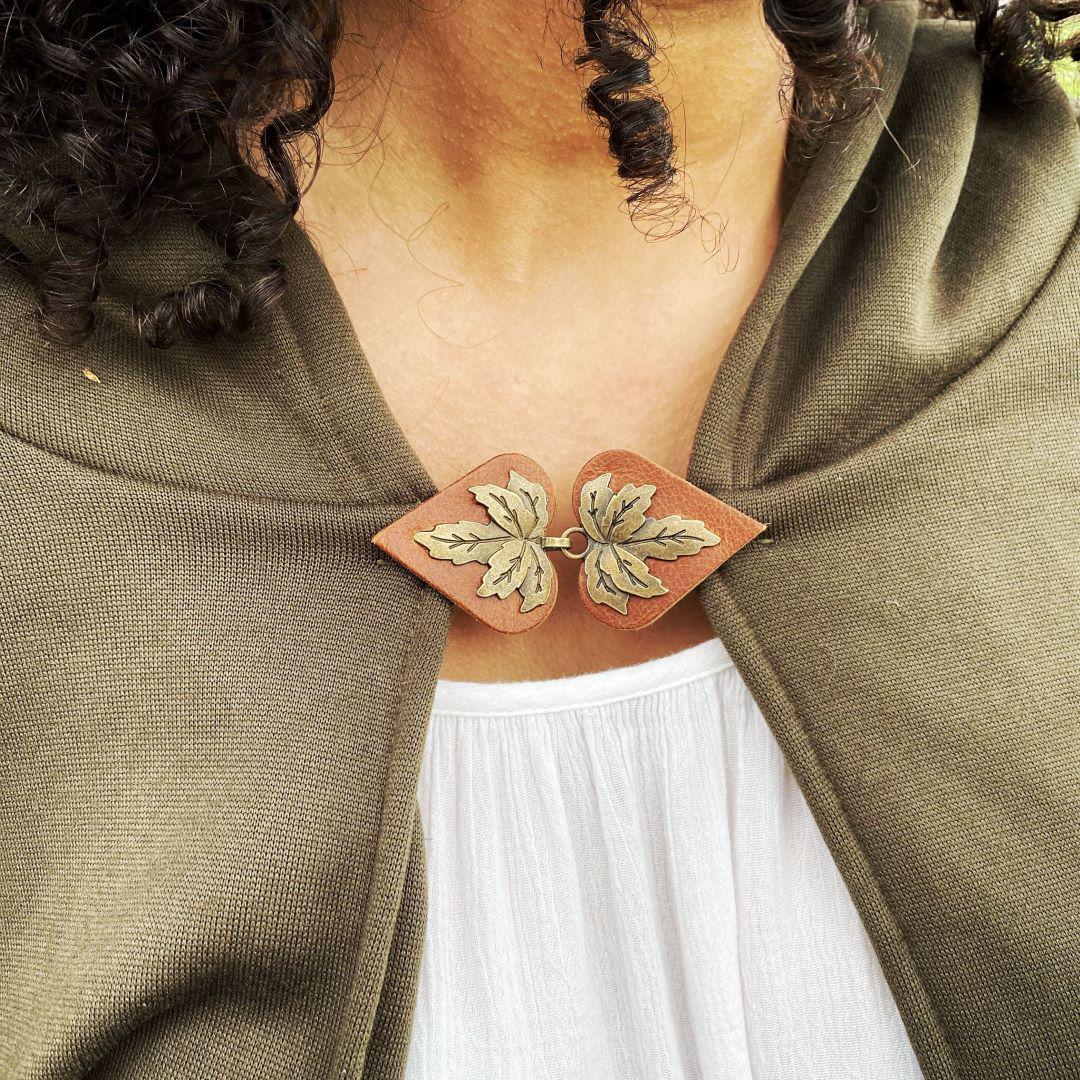 "Halcyon" Bronze Metal Leaf on Brown Leather Clothing Clasp