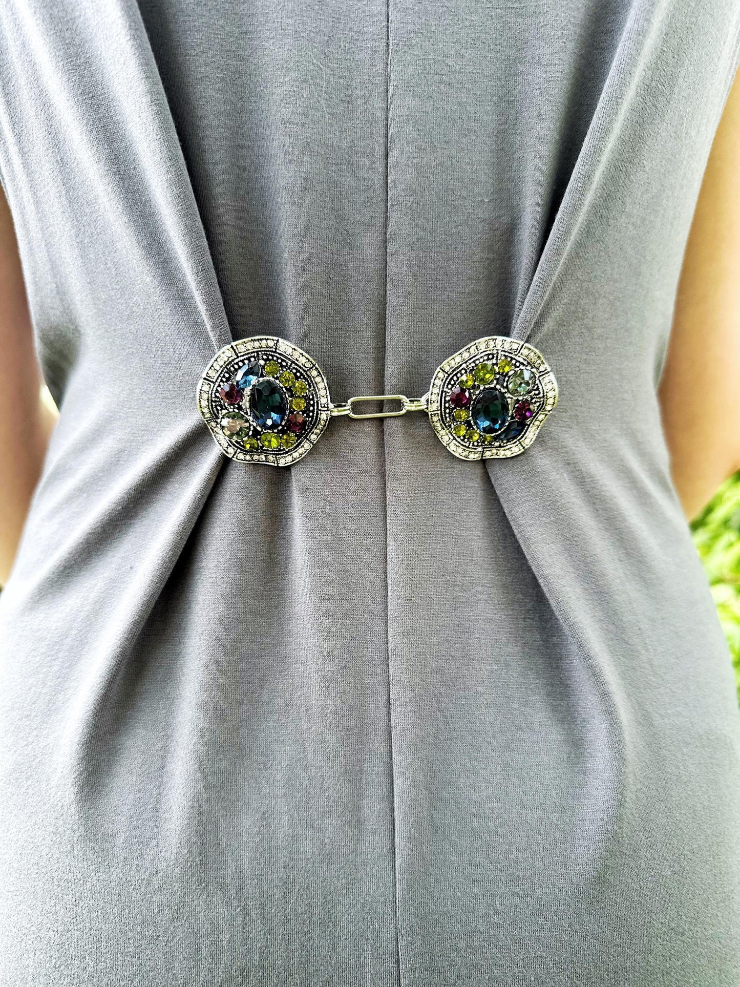 Bejeweled Silver Baroque Cinch Clip | Cardigan and Sweater Clips | Scarf Clasp Brooches for Dress Belt | Unique Handmade USA Gift, KardiKlip