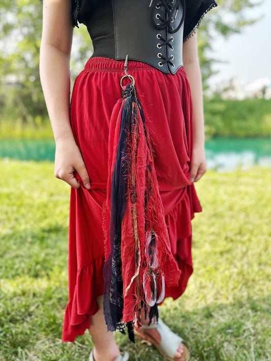 Chatelaine Belt Sash | Red & Blue OOAK Accessory with Feathers, Hooks, Clips, | Reclaimed Materials, Silk, Linen, Fiber Art Trinket Holder