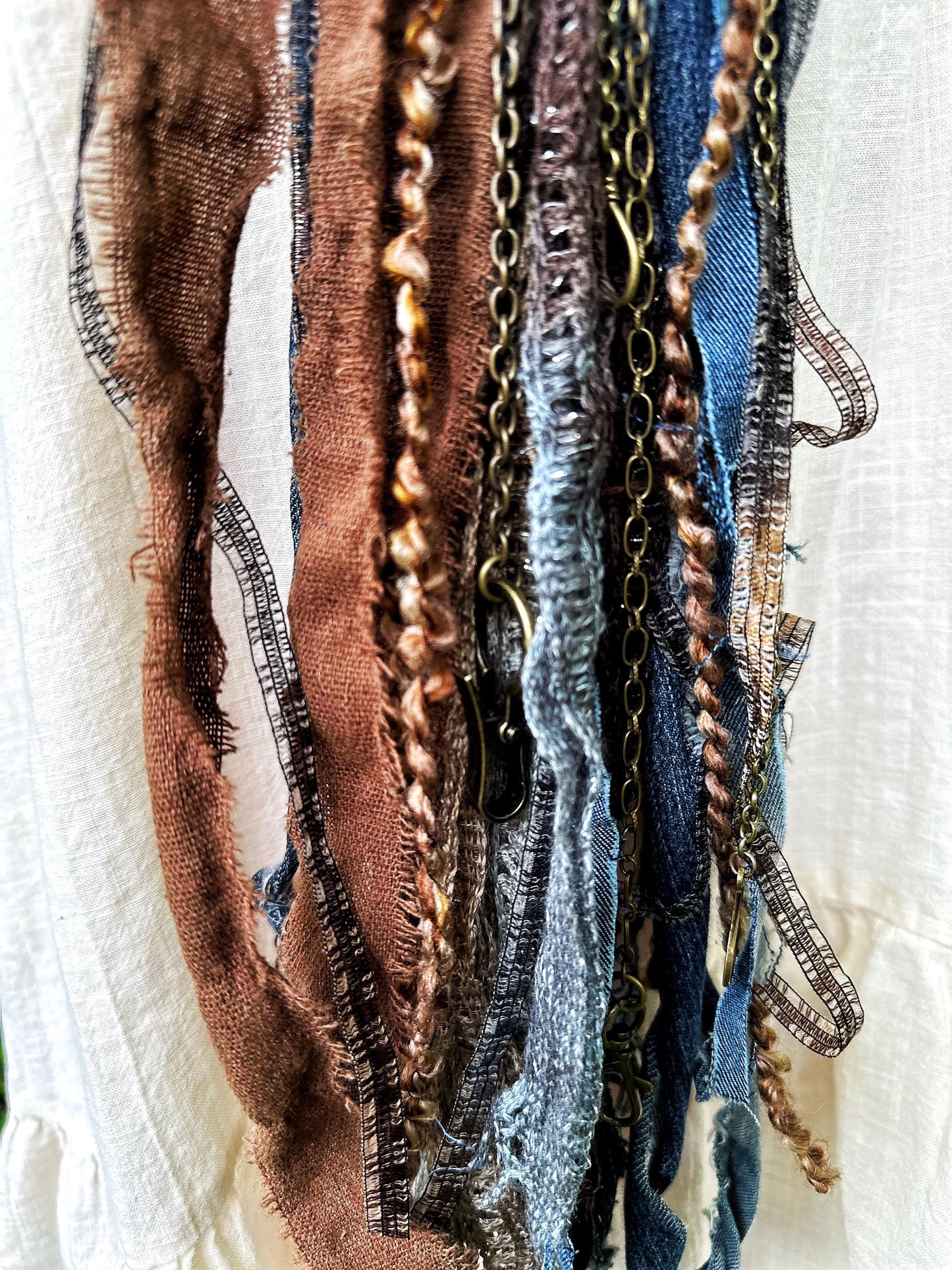 Chatelaine Belt Sash | Denim Blue & Brown OOAK Steampunk Accessory with Hooks, Clips, | Reclaimed Materials, Silk, Linen, Fiber Art, Charms