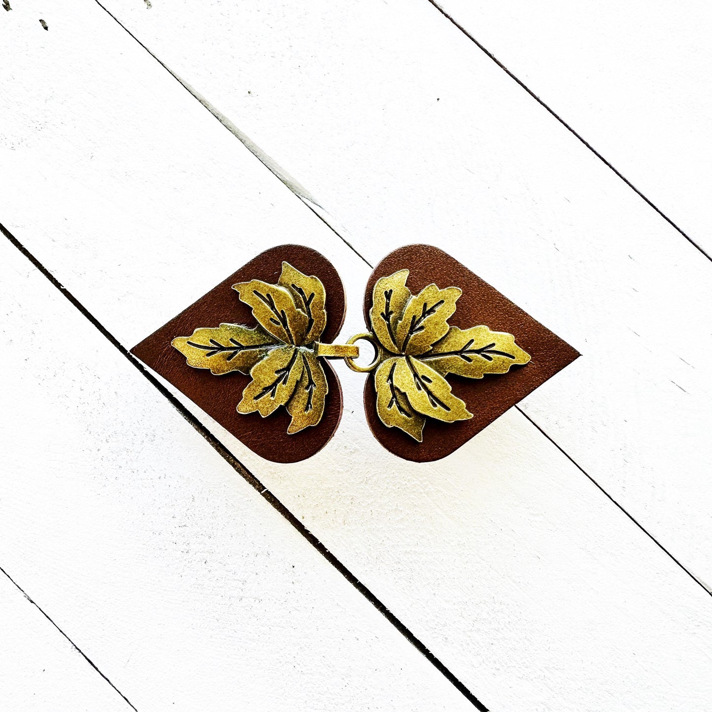 "Halcyon" Bronze Metal Leaf on Dark Brown Leather Clothing Clasp