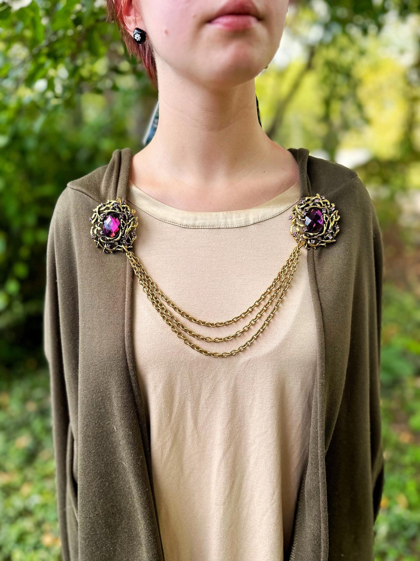 Amethyst and Gold Cloak Clasp, Costume Brooch w/ Chains | Forest Fairytale Brooches, Woodland Elf Nymph | Adult Costume Accessories Closure
