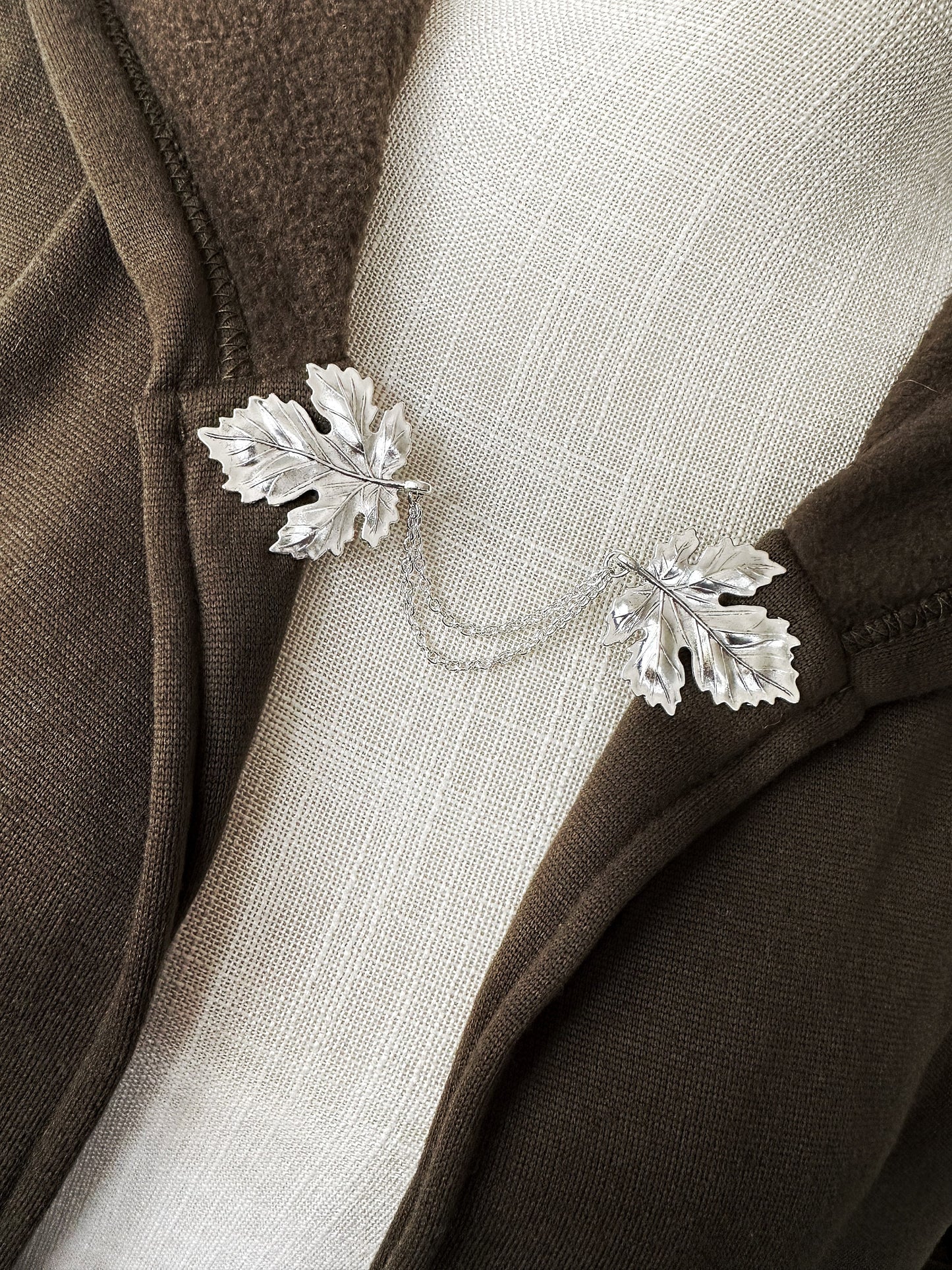 "Sylvan" Silver Maple Leaf Cloak Clasp w/ Chains