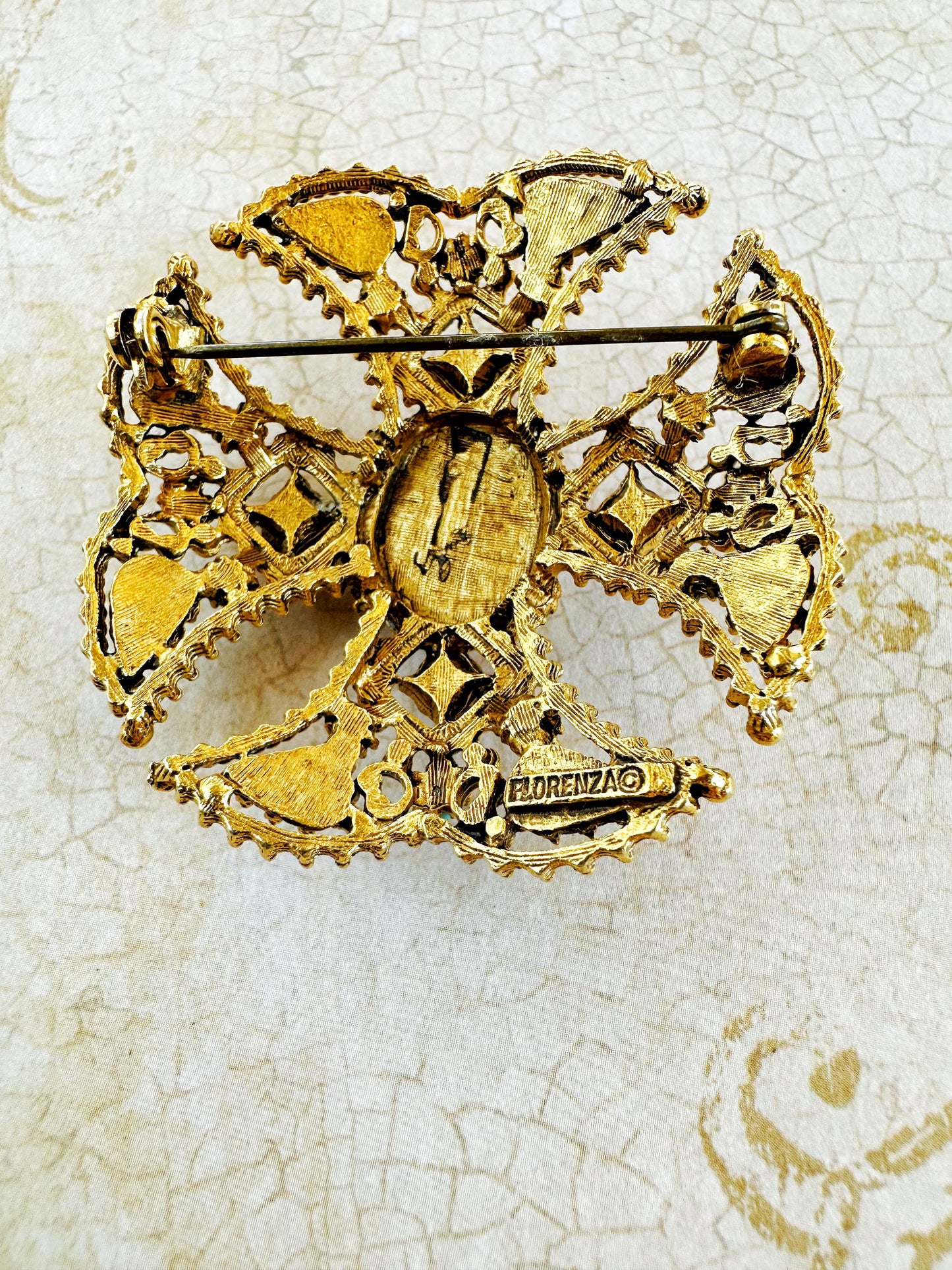 Bejeweled Maltese Cross & Cameo Cloak Clasp Brooch Pin | Vintage Repurposed