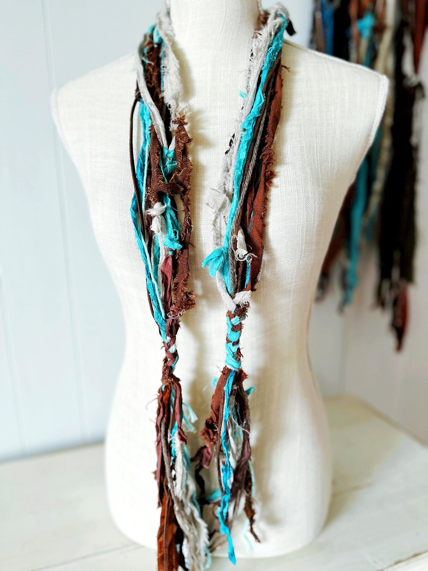 Turquoise Silk & Linen Textile Necklace | Hippie Clothes | "Beach Boho"  Multi-Strand Skinny Scarf for Men, Women | Sea Glass Seashell Charm