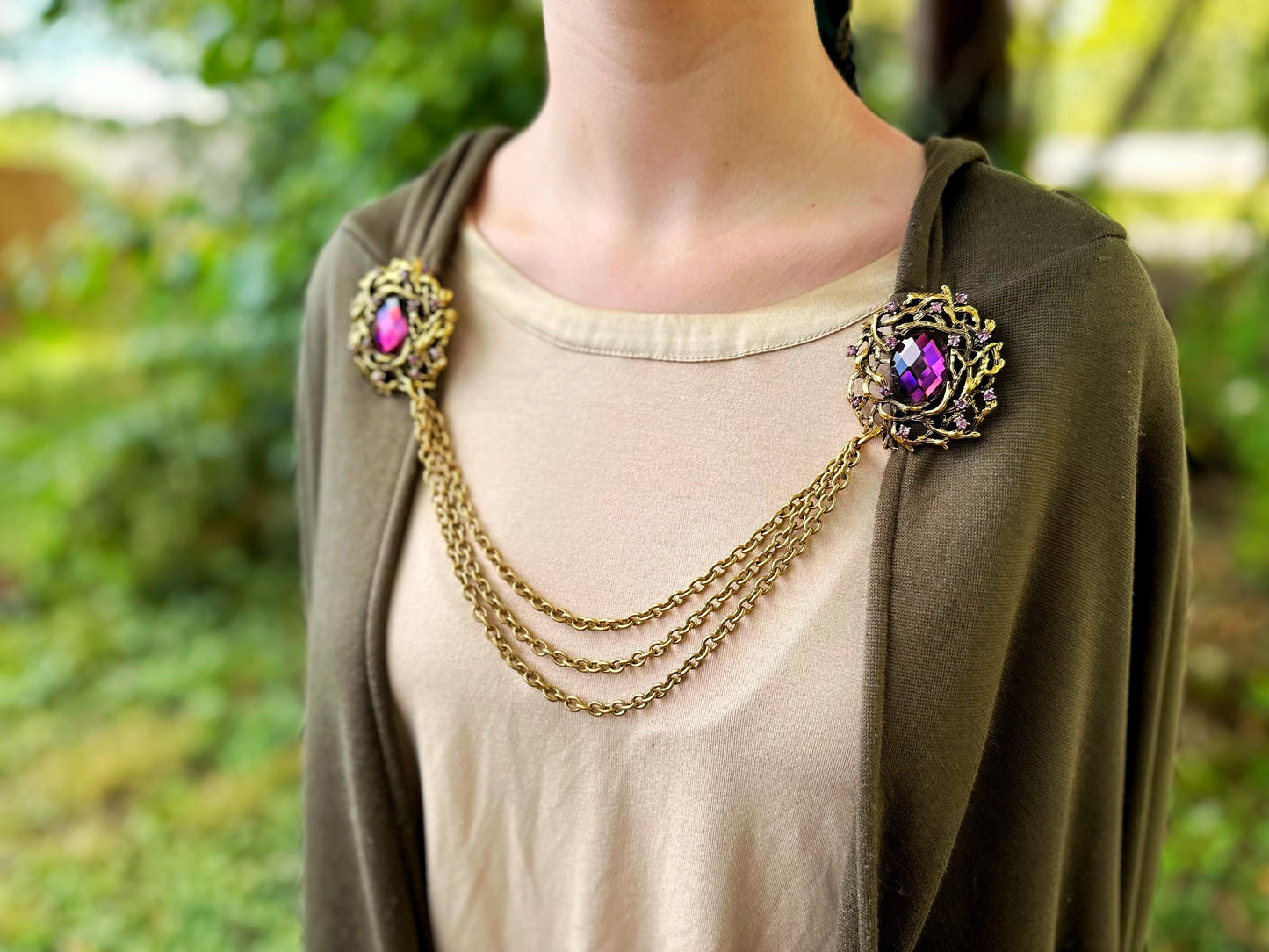 Amethyst and Gold Cloak Clasp, Costume Brooch w/ Chains | Forest Fairytale Brooches, Woodland Elf Nymph | Adult Costume Accessories Closure