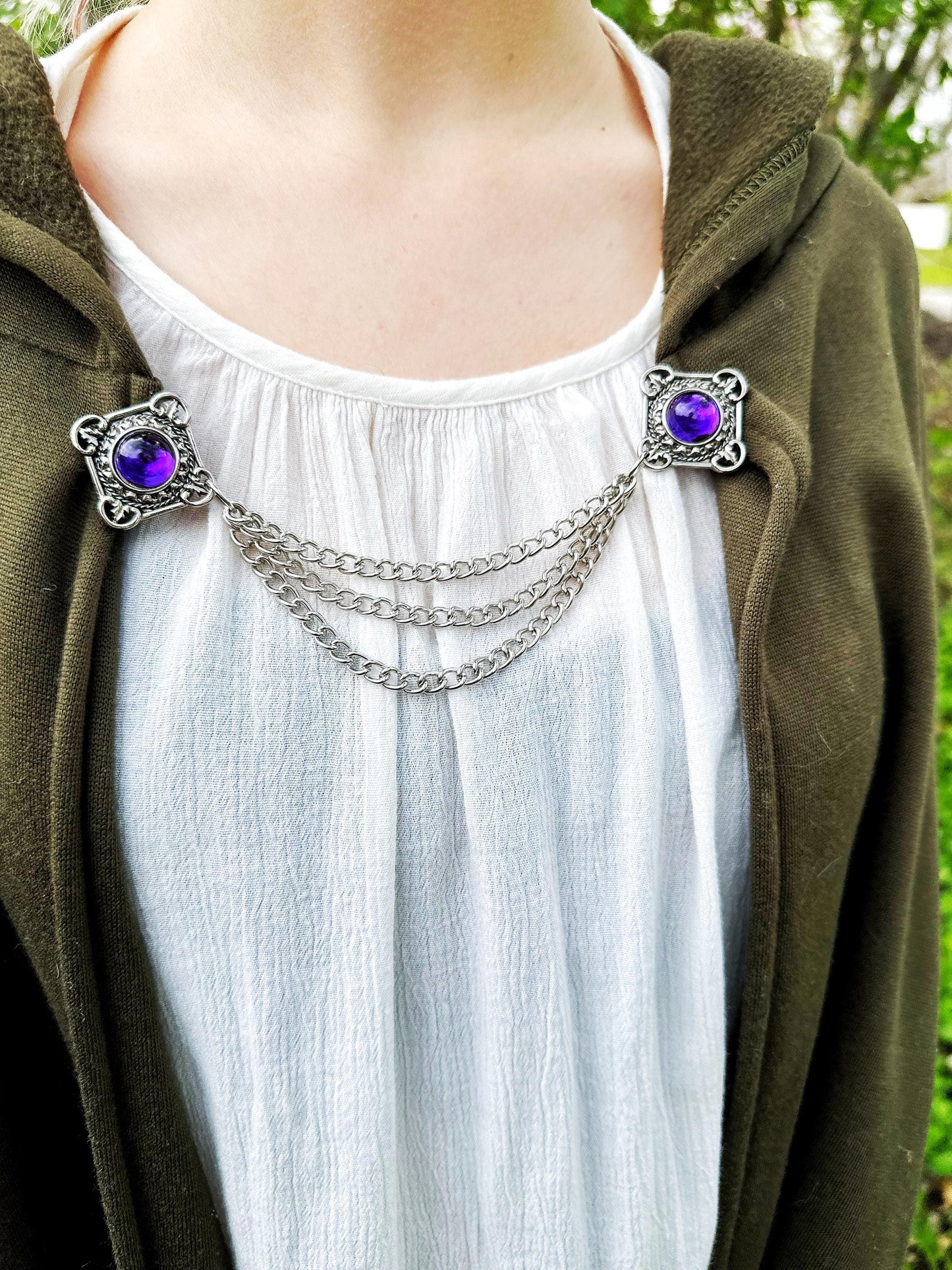 NEW* Heavy Silver & Amethyst Cloak Clasp with Draping Chains | Vintage Repurposed