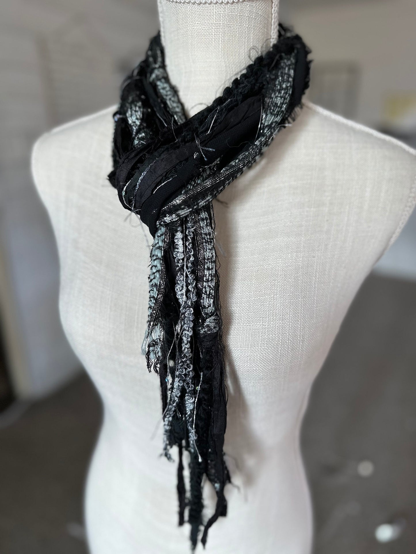 NEW Silver & Black Hobo Scarf | Hippie Clothes | Festival Clothing for Women, Men | Upcycled Repurposed Scarves | Organic Cotton, Silk