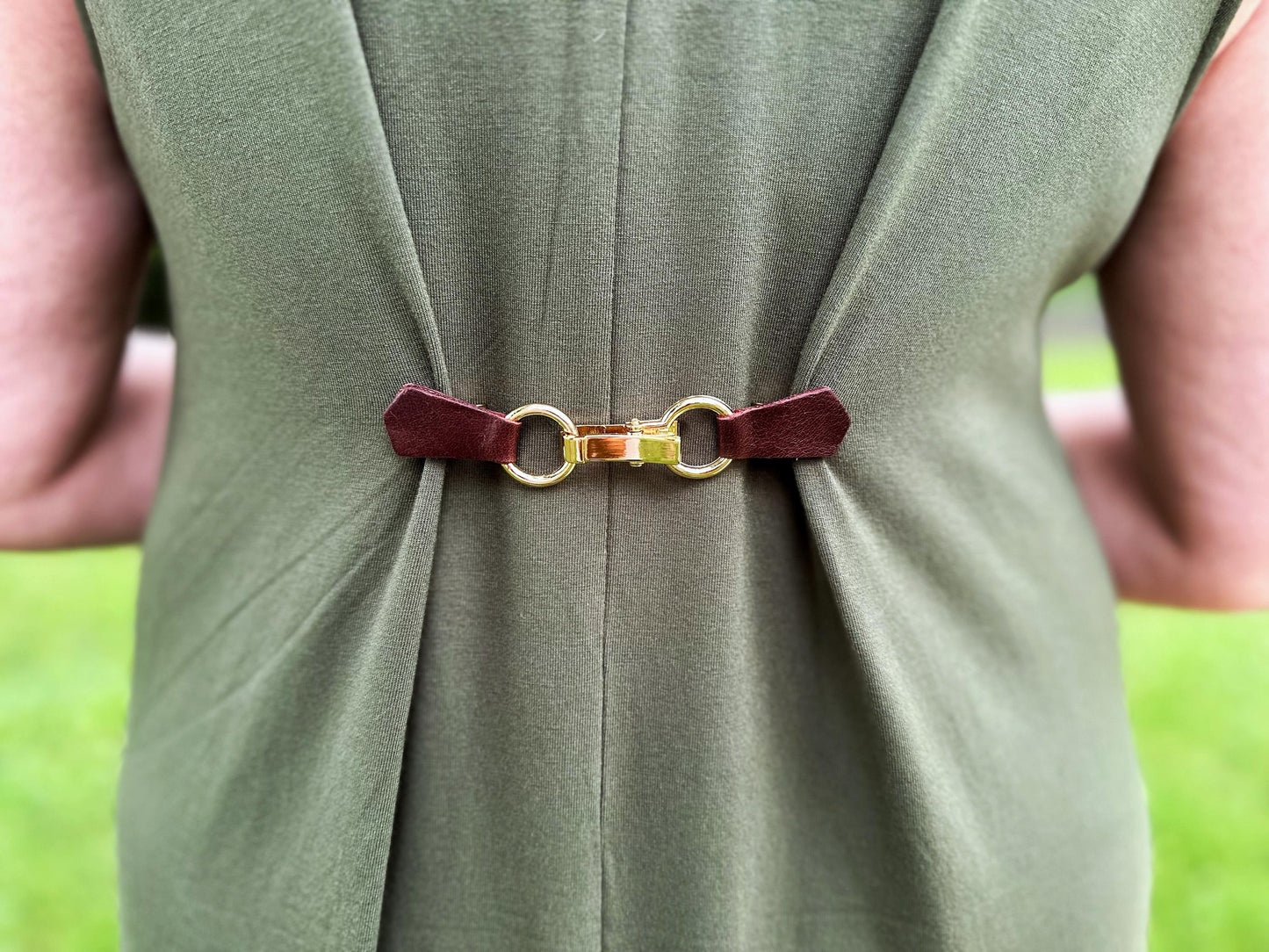NEW Gold Buckle & Dark Brown Leather Cinch Clip, Skinny Belt Alternative for Dress, Jacket, Cardigan, Mini-Tailor Button Closure