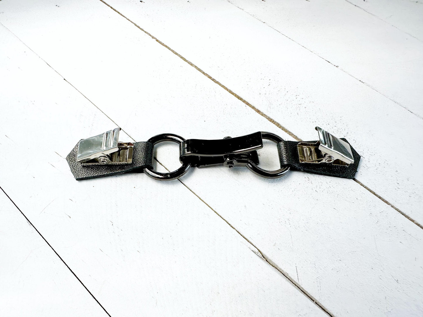 NEW Black Buckle & Silver-Gray Leather Cinch Clip, Skinny Belt Alternative for Dress, Jacket, Cardigan, Mini-Tailor Button Closure,