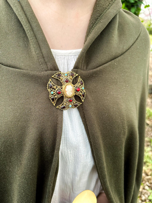 Bejeweled Maltese Cross & Cameo Cloak Clasp Brooch Pin | Vintage Repurposed