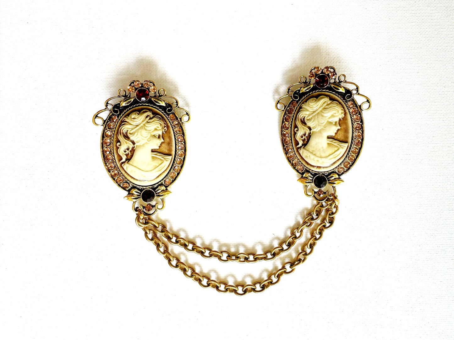 Gold-toned Cameo Cloak Clasp, Costume Cameo Brooch w/ Chains | Victorian Fairytale Closure, Gothic Edwardian  | Adult Costume Accessories