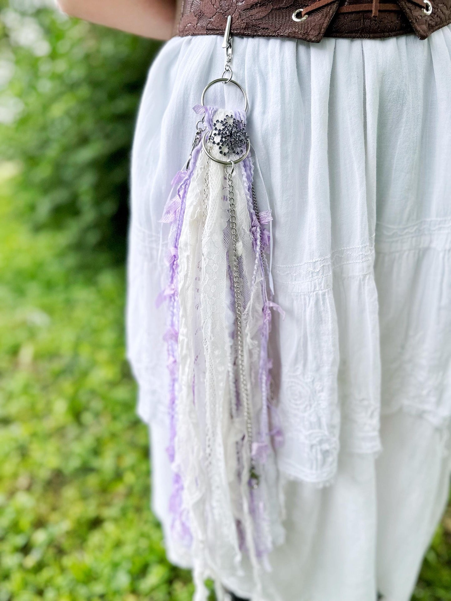 Chatelaine Belt Sash | Purple & White, Silver OOAK Accessory with Hooks, Clips, Clasps | Reclaimed Materials, Silk, Linen, Fiber Art