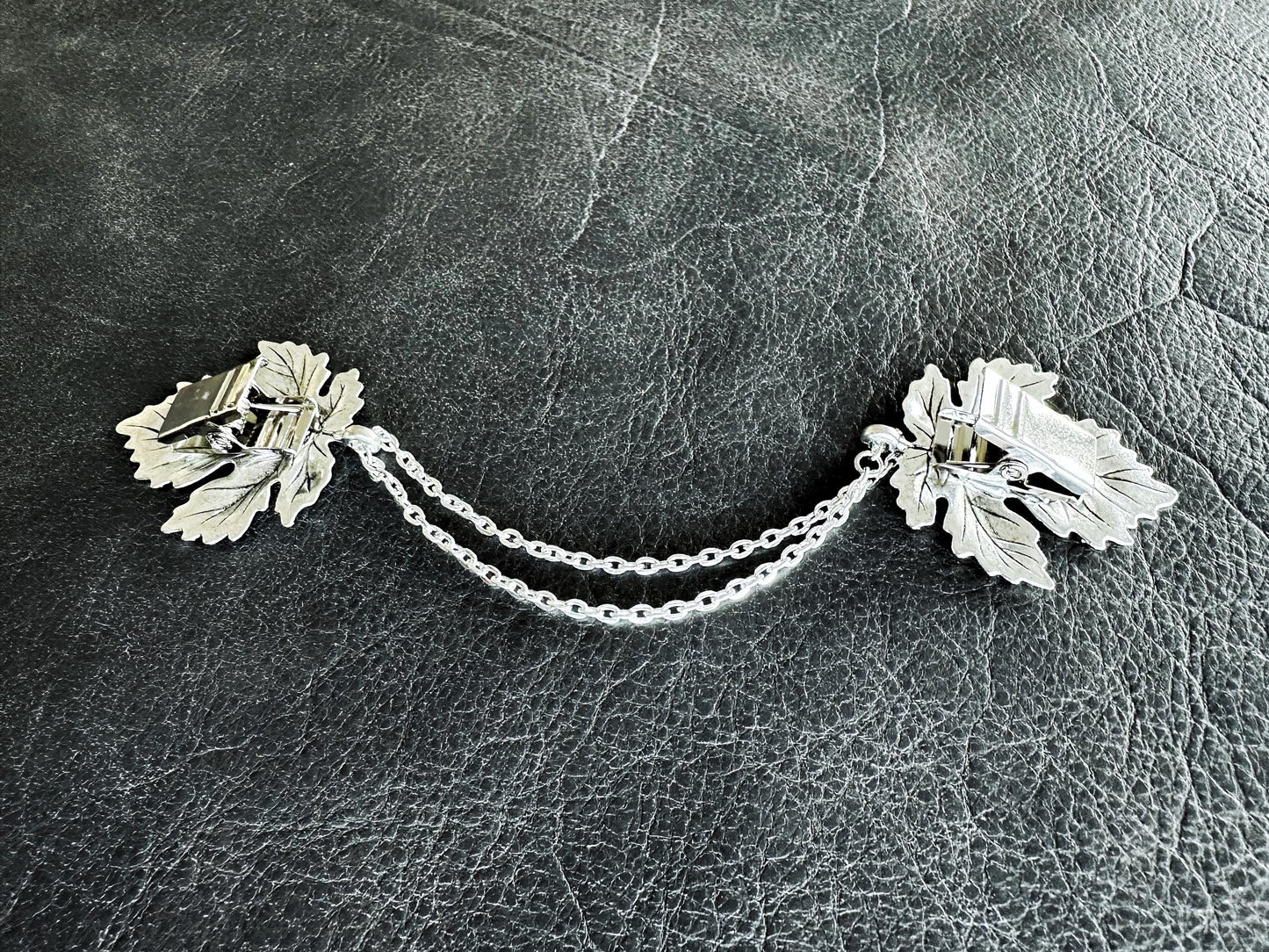 "Sylvan" Silver Maple Leaf Cloak Clasp w/ Chains