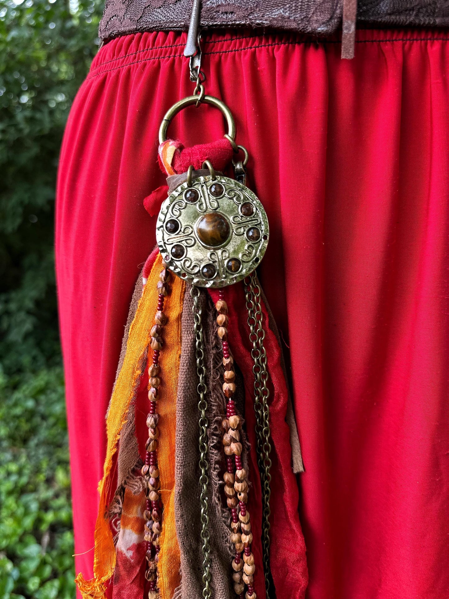 Chatelaine Belt Sash | Red & Brown Pirate Themed OOAK Accessory with Wood Beads, Hooks, Clips, | Reclaimed Materials, Silk, Linen, Fiber Art