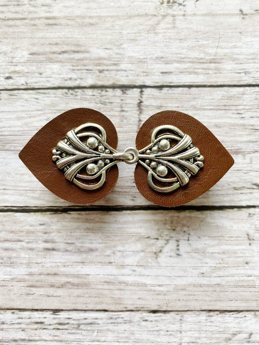 Cinch Clip | Cloak Clasp | Silver & Brown Leather Dress Clips | Waist Cincher | Cardigan Clips | Unique Gift | Scarf Kardiklips | K-121