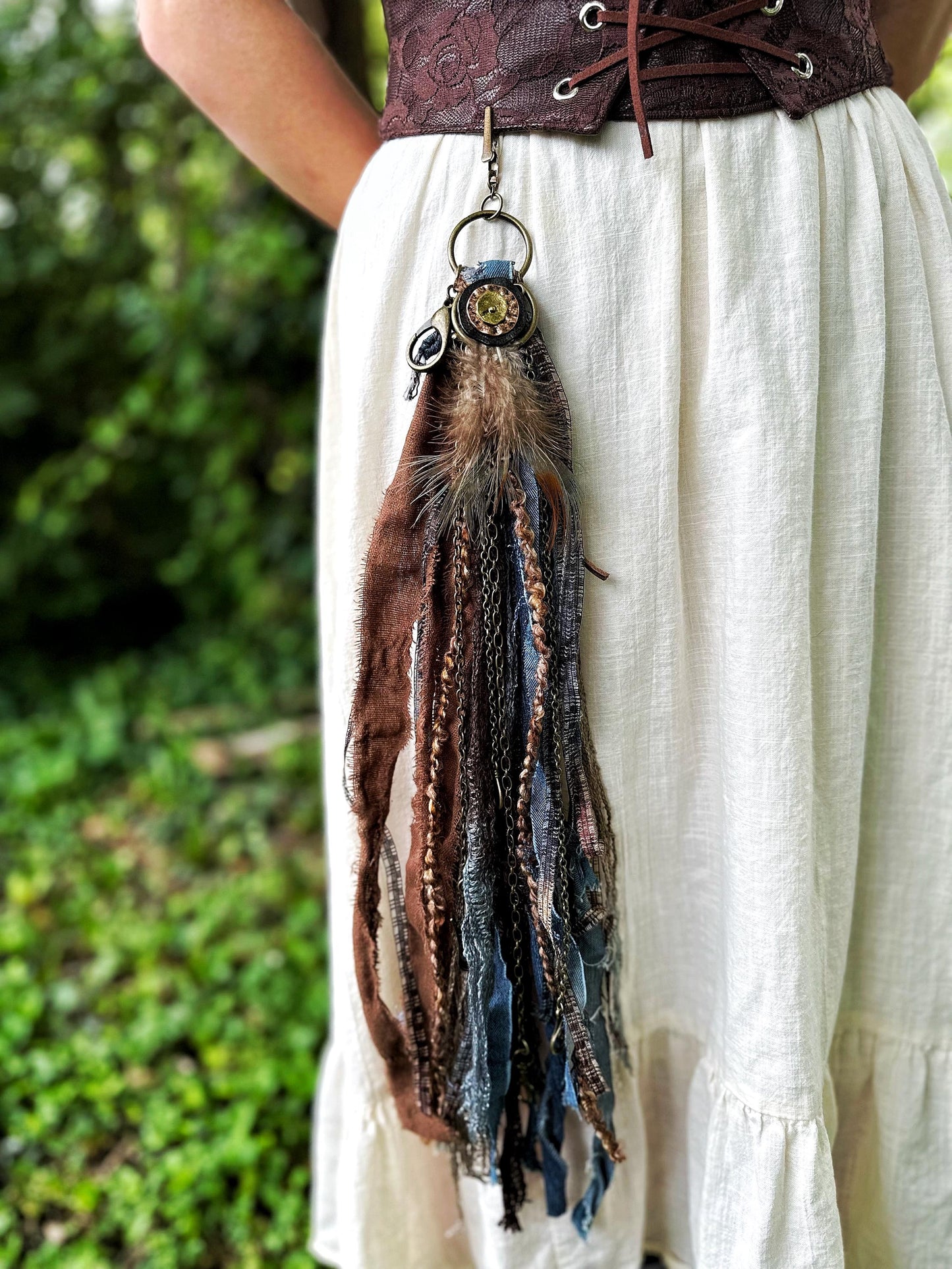 Chatelaine Belt Sash | Denim Blue & Brown OOAK Steampunk Accessory with Hooks, Clips, | Reclaimed Materials, Silk, Linen, Fiber Art, Charms