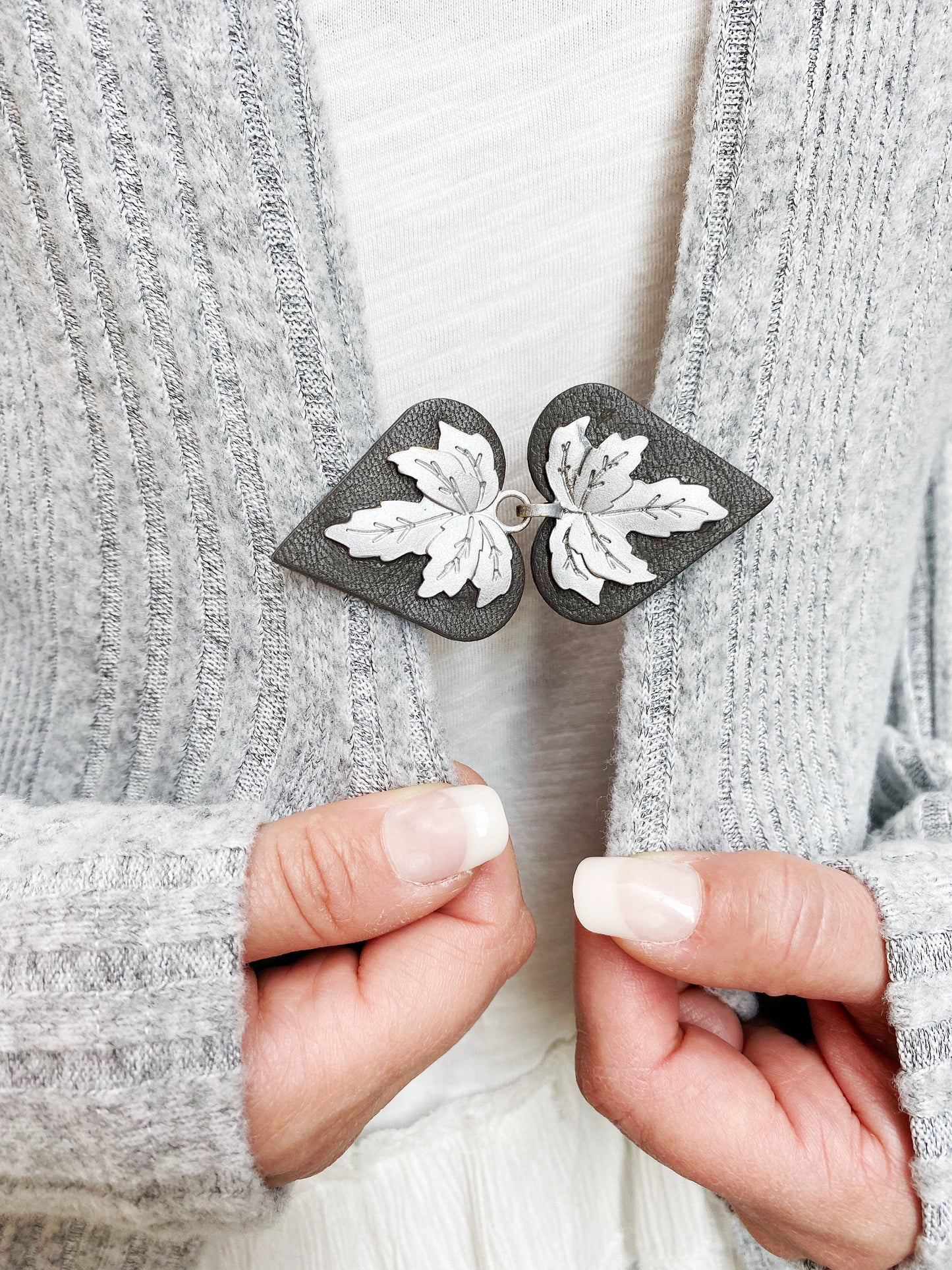 Silver Leaf Cloak Clasp | Sweater Clips |  Metal on Genuine Gray Leather Cardigan Closure | Kardiklips | Steampunk Renaissance Cape | K-009