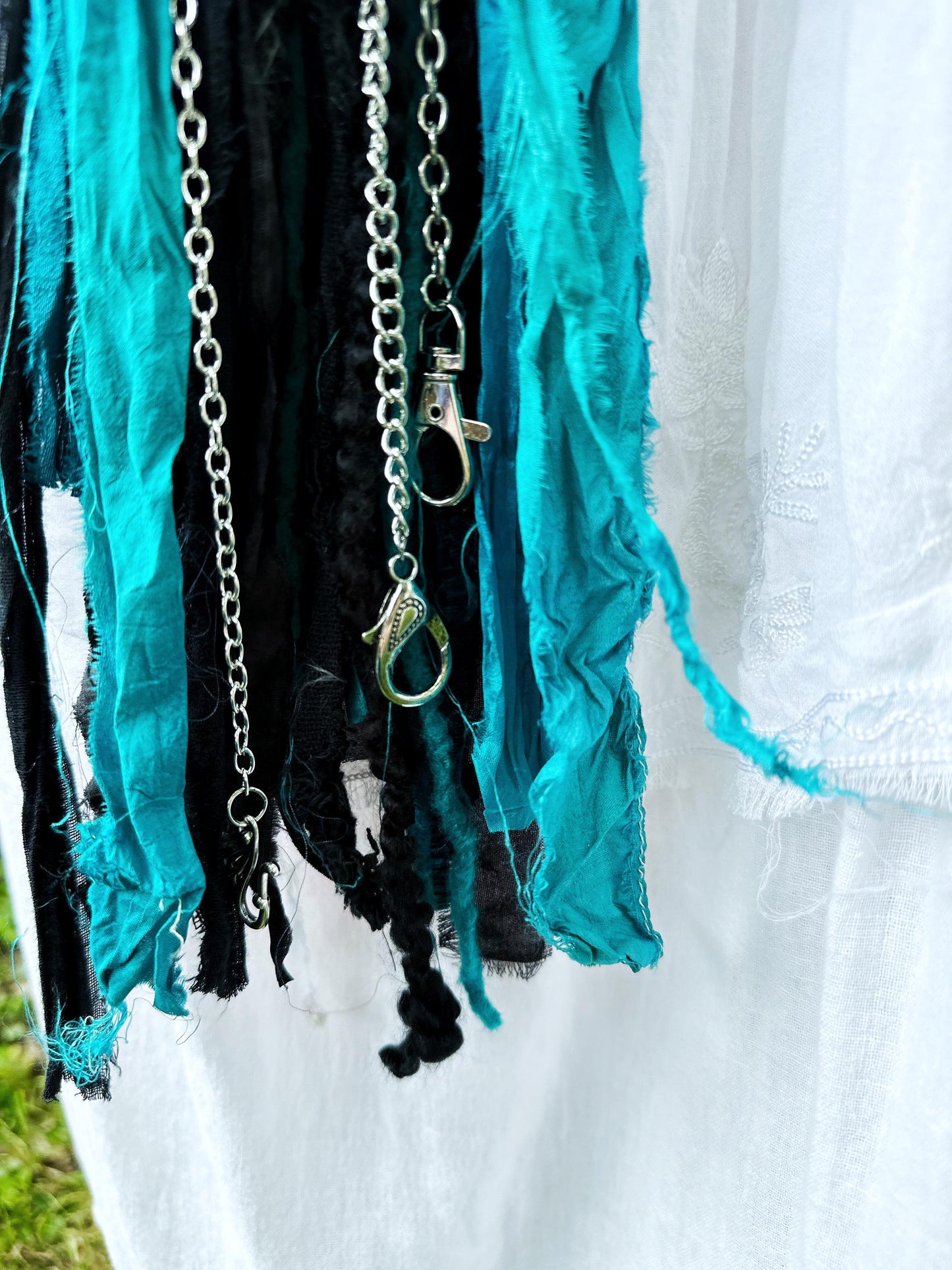 Chatelaine Belt Sash | Teal & Black Peacock Feather OOAK Accessory with Hooks, Clips, Clasps | Reclaimed Materials, Silk, Linen, Fiber Art