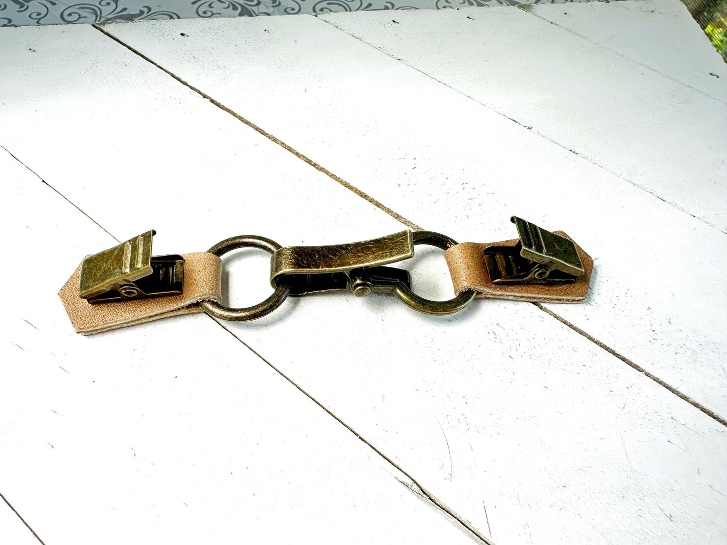 NEW Bronze Buckle & Tan Brown Leather Cinch Clip, Skinny Belt Alternative for Dress, Jacket, Cardigan, Mini-Tailor Button Closure, KardiKlip