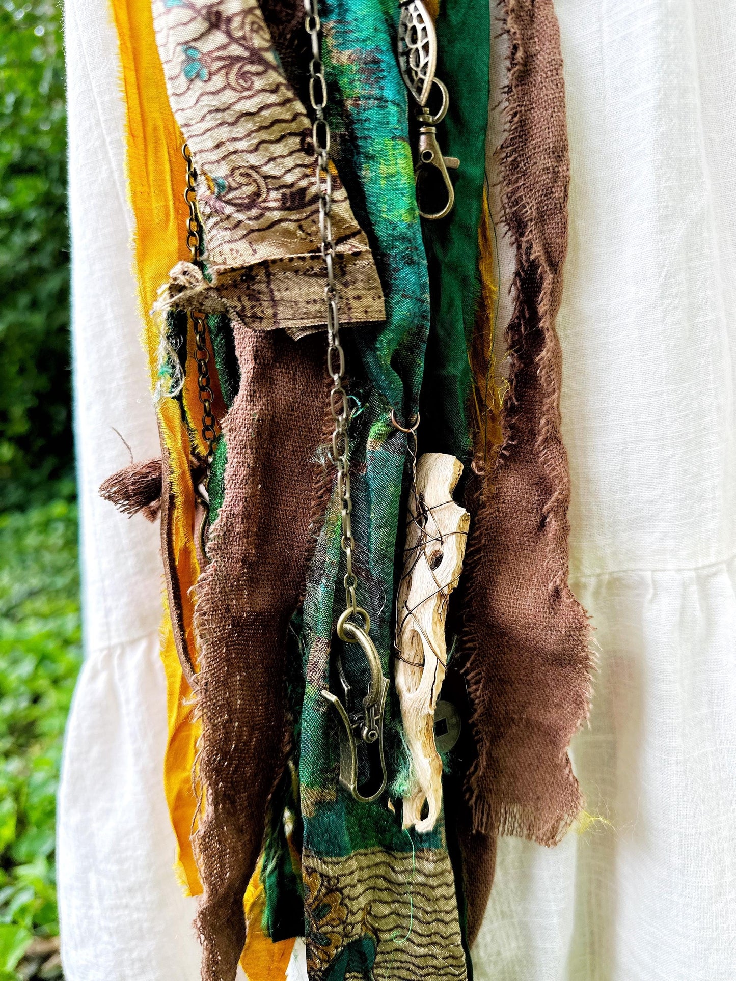 Chatelaine Belt Sash | Green & Brown Pirate Themed OOAK Accessory with Hooks, Clips, Clasps | Reclaimed Materials, Silk, Linen, Fiber Art