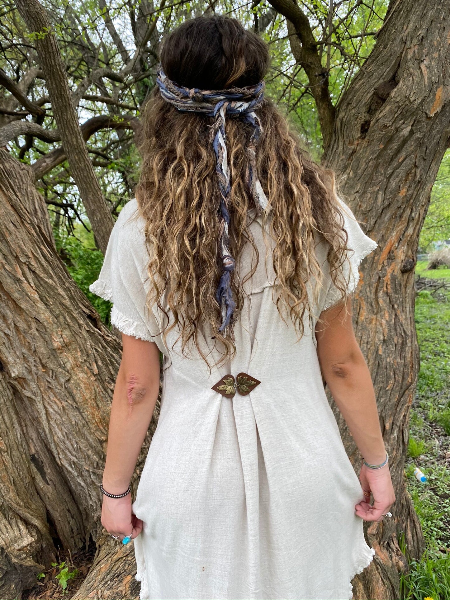 "Halcyon" Bronze Metal Leaf on Dark Brown Leather Clothing Clasp