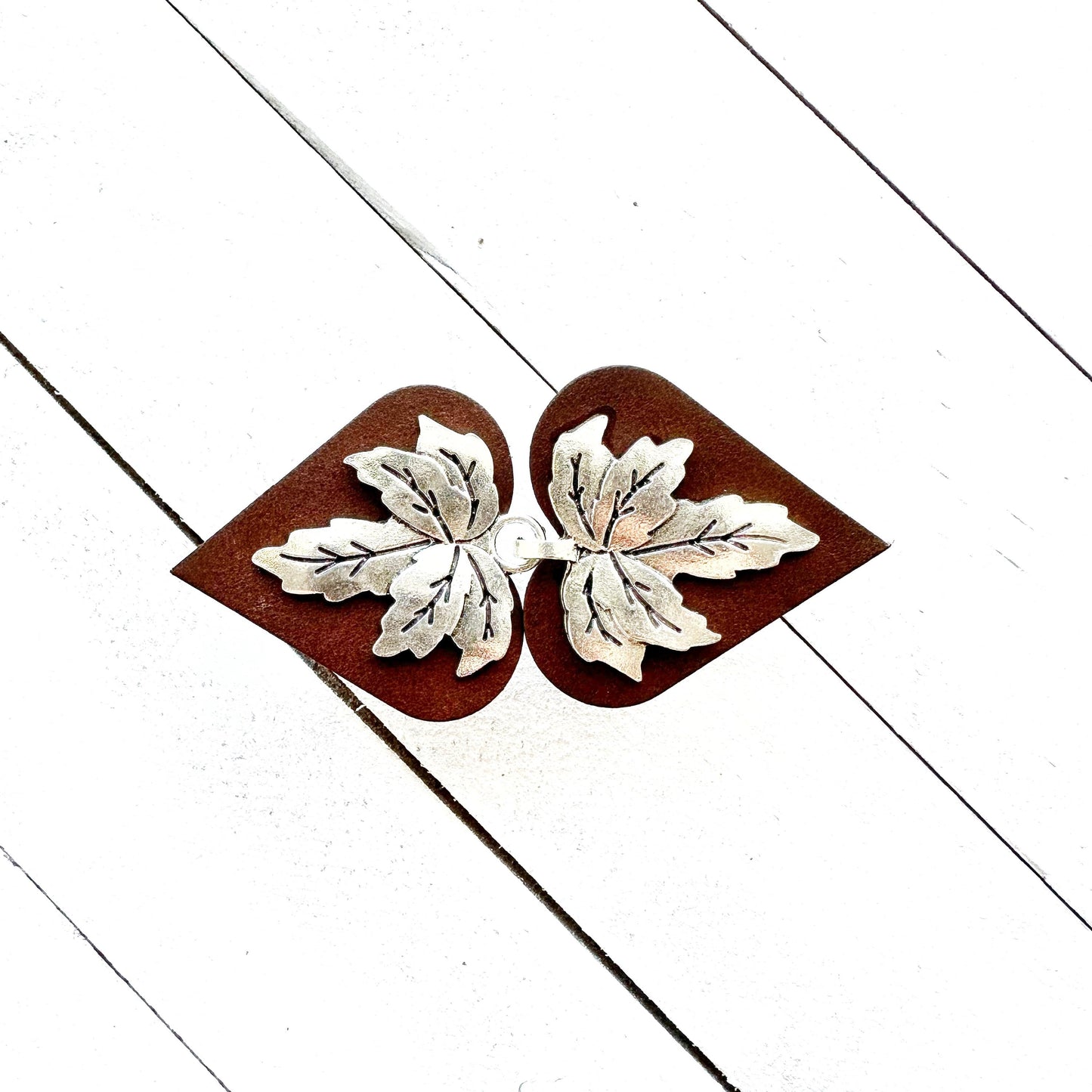 "Halcyon" Silver Leaf on Brown Leather Clothing Clasp