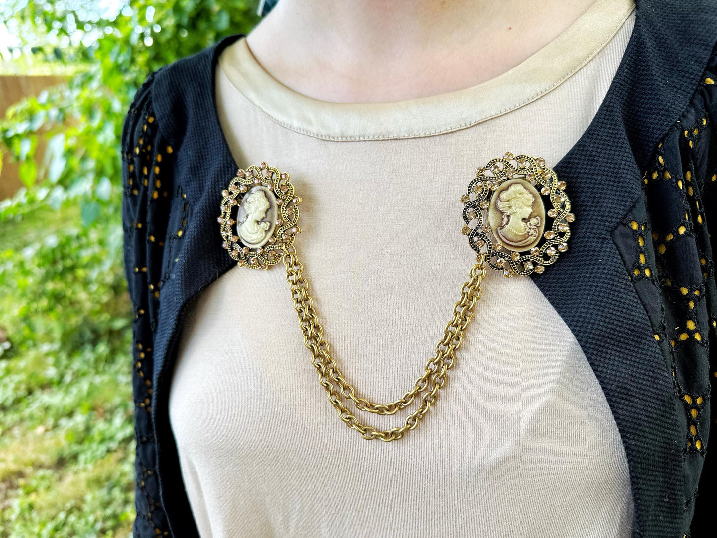 Gold-toned Cameo Cloak Clasp, Costume Cameo Brooch w/ Rhinestones | Victorian Fairytale Closure, Gothic Edwardian Adult Costume Accessories