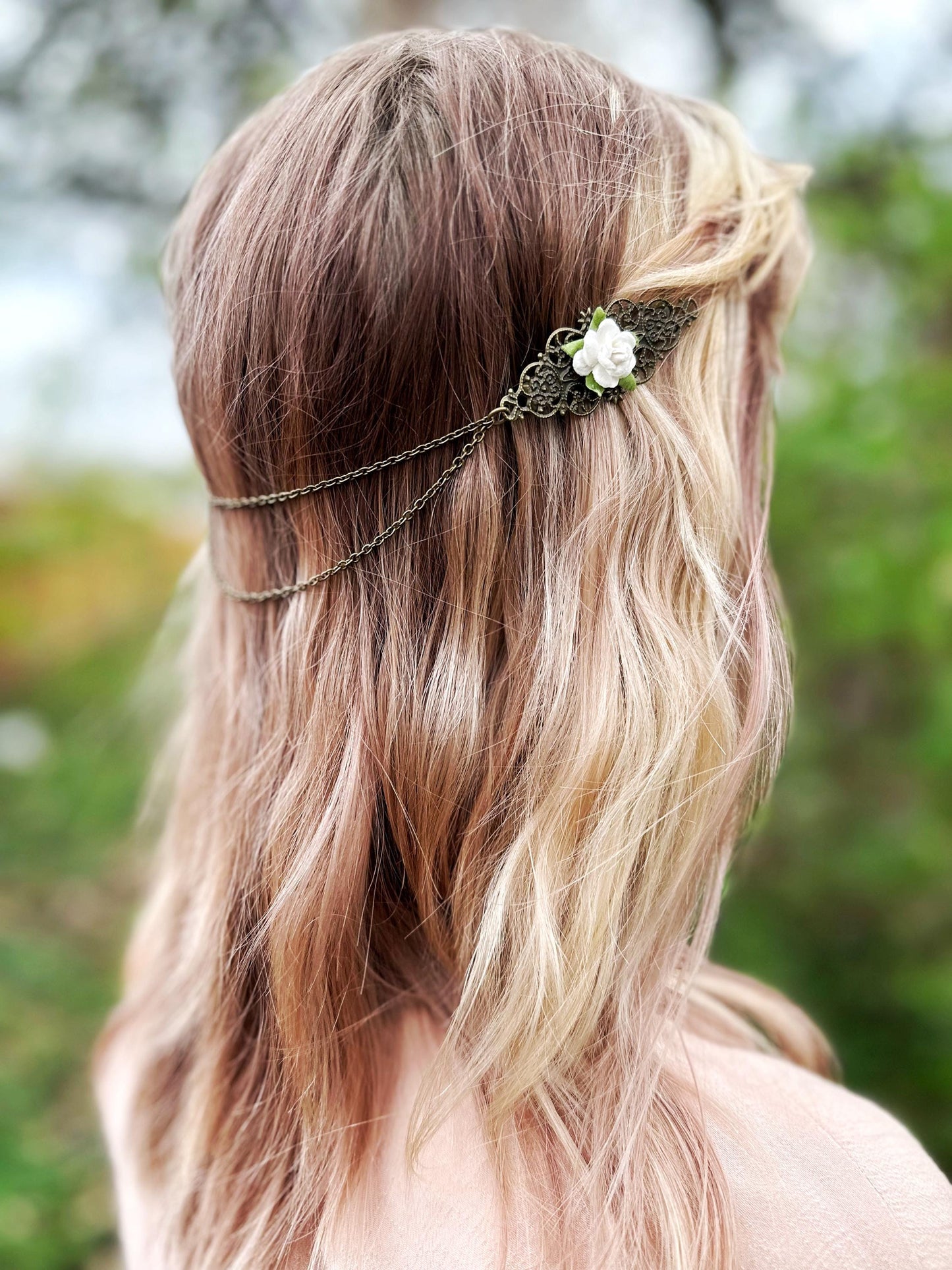 Bronze Flower Hair Clips with Chains