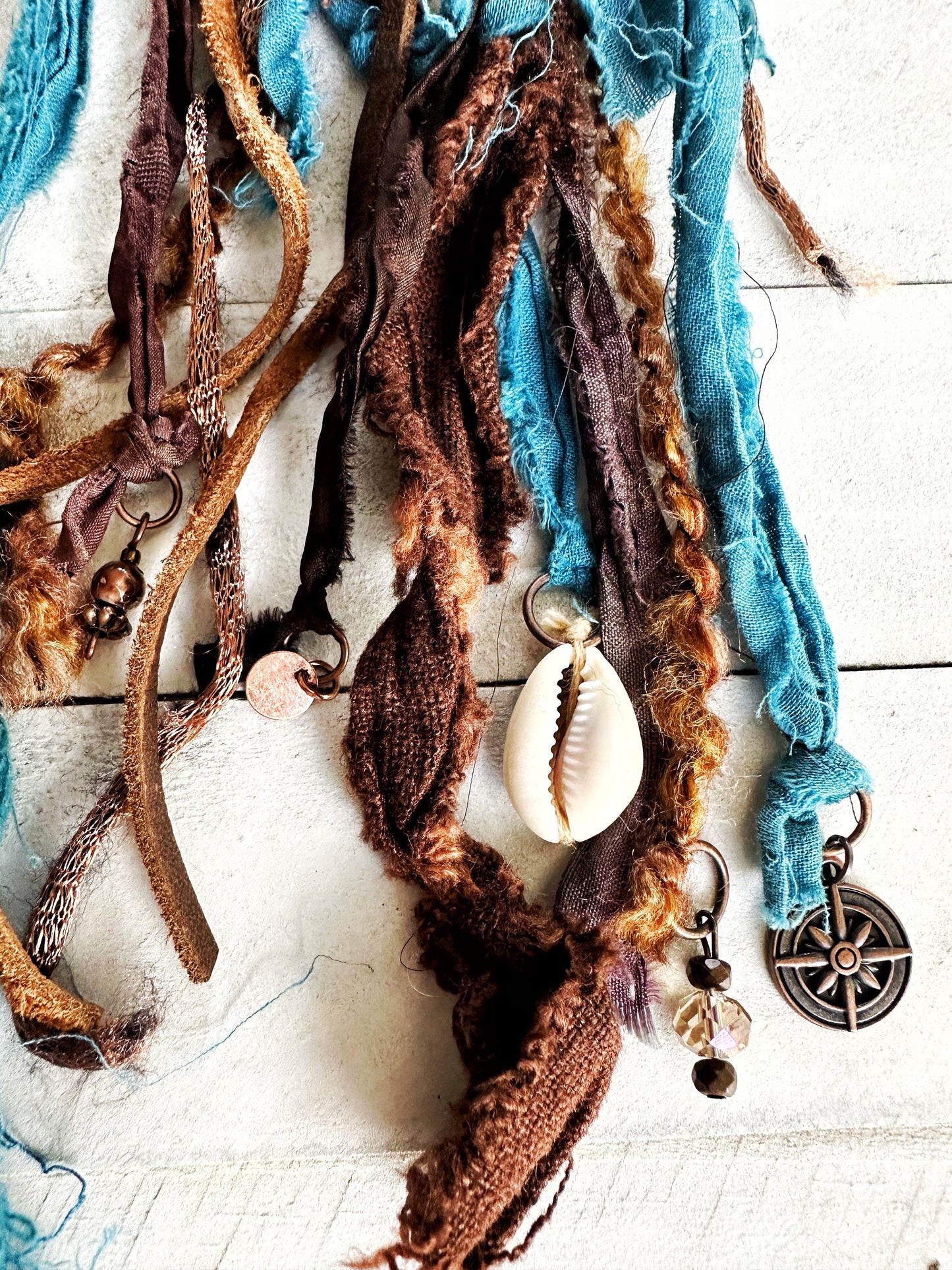 Boho Skinny Scarf | Hippie Clothes | "Seaside Rendezvous" Festival Scarf | Extra Long Unique Statement Scarves | Organic Cotton, Silk, Suede