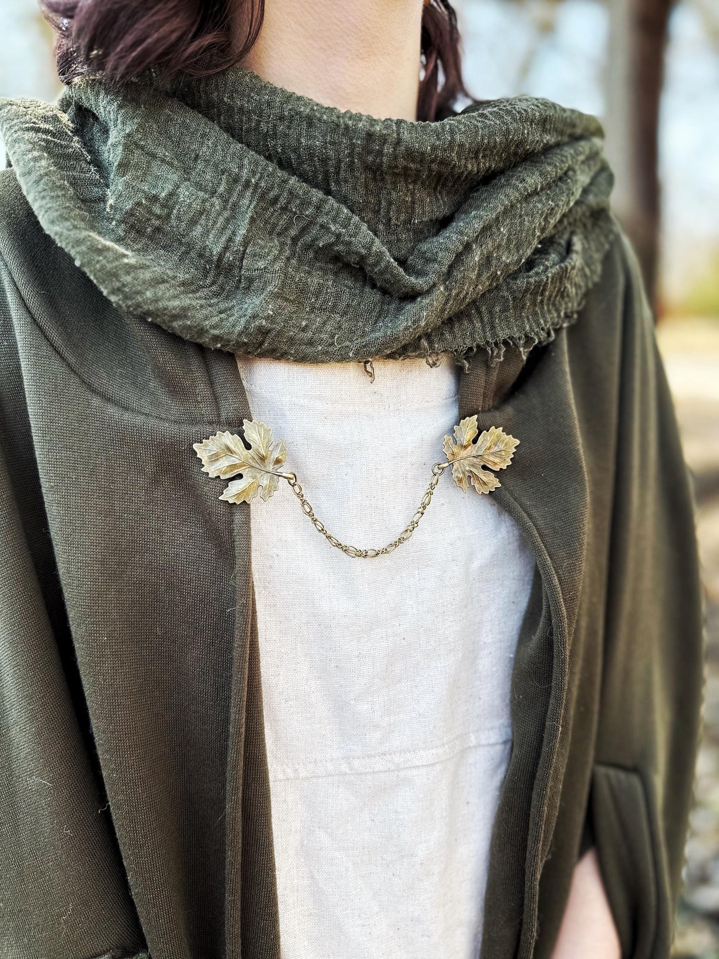 "Sylvan" Bronze Metal Maple Leaf Cloak Clasp w/Chains