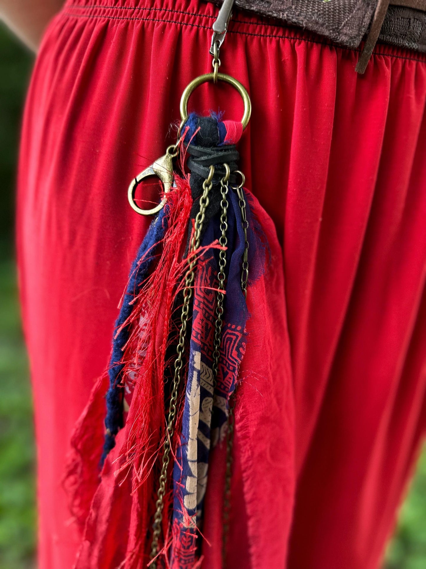 Chatelaine Belt Sash | Red & Blue OOAK Accessory with Feathers, Hooks, Clips, | Reclaimed Materials, Silk, Linen, Fiber Art Trinket Holder