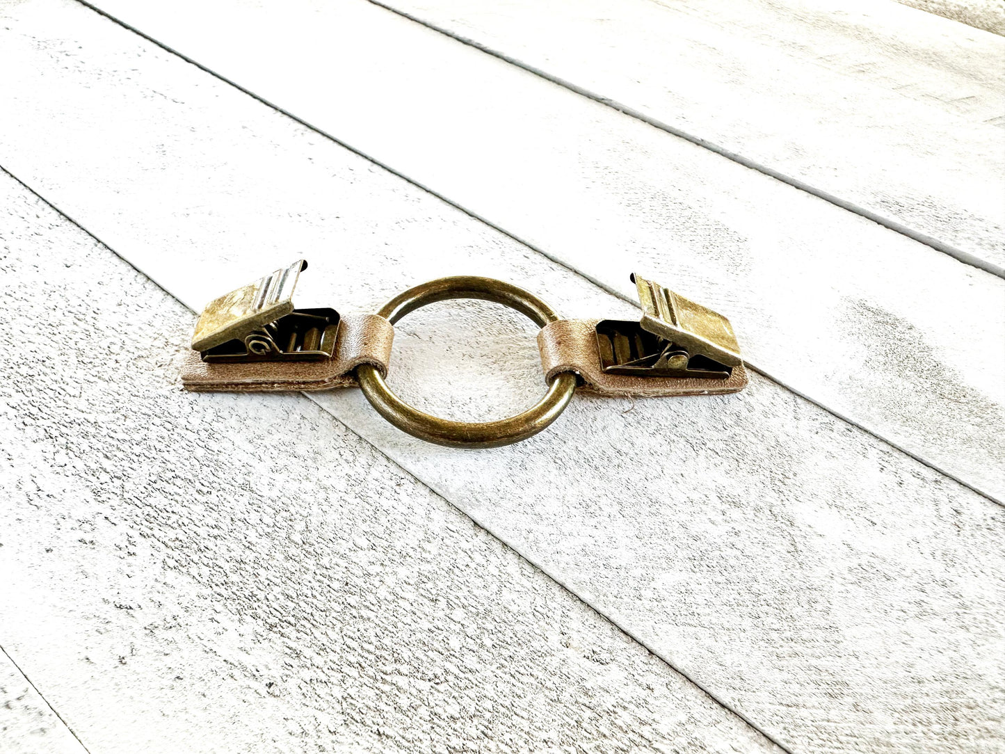 Dress Cinch Clip | Bronze Ring & Brown Leather Sweater Clip | Unique Clothing Clasps Shawl Clip | Steampunk Minimalist Versatile Skinny Belt