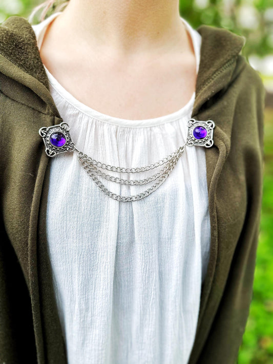 NEW* Heavy Silver & Amethyst Cloak Clasp with Draping Chains | Vintage Repurposed