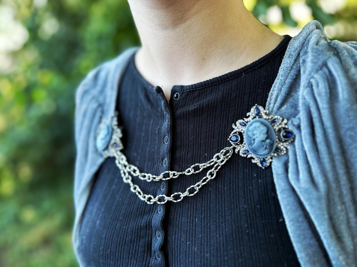 Blue Silver Cameo Cloak Clasp, Costume Cameo Brooch w/ Rhinestones | Victorian Fairytale Closure, Gothic Edwardian Adult Costume Accessories