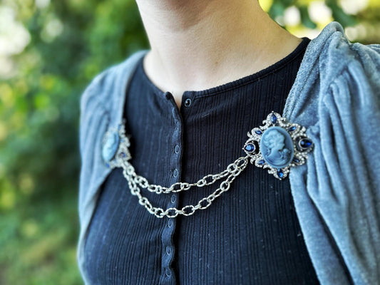 Blue Silver Cameo Cloak Clasp, Costume Cameo Brooch w/ Rhinestones | Victorian Fairytale Closure, Gothic Edwardian Adult Costume Accessories