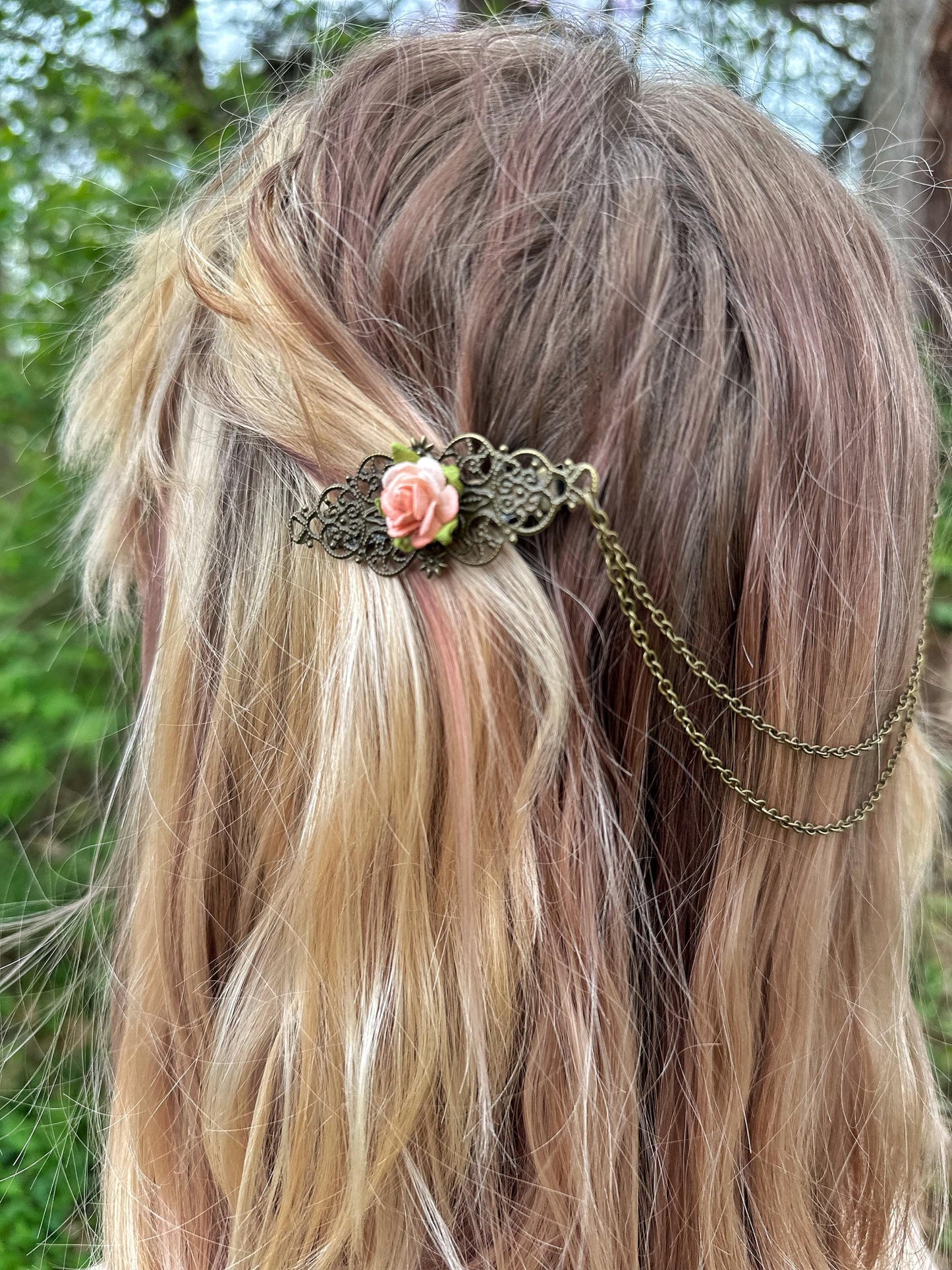 Bronze Flower Hair Clips with Chains